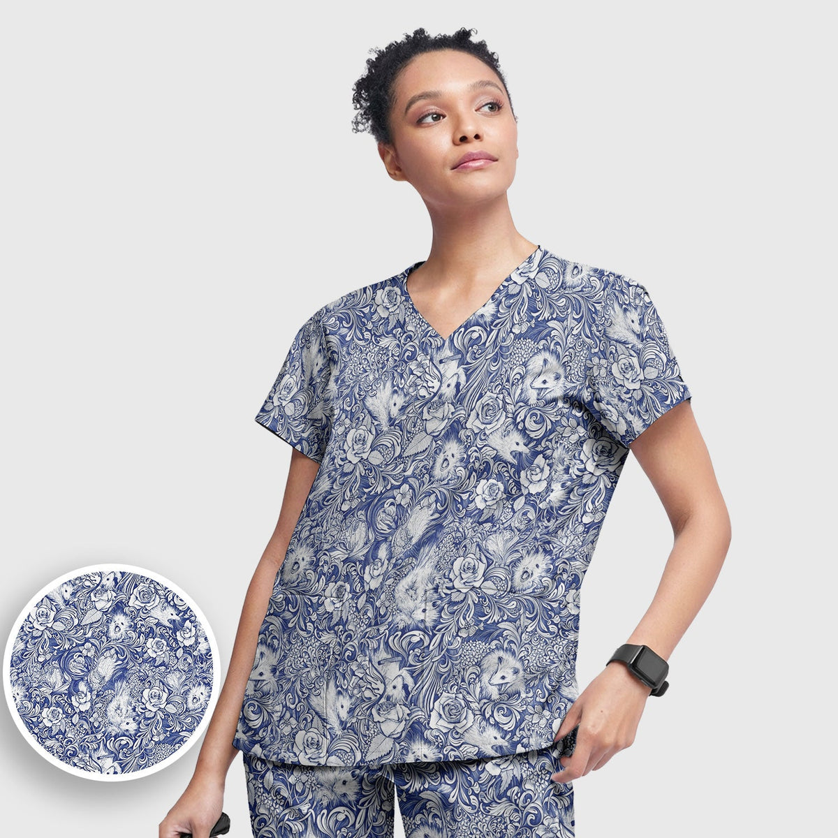 Blue Floral Opossum And Roses Nurse Scrub Set