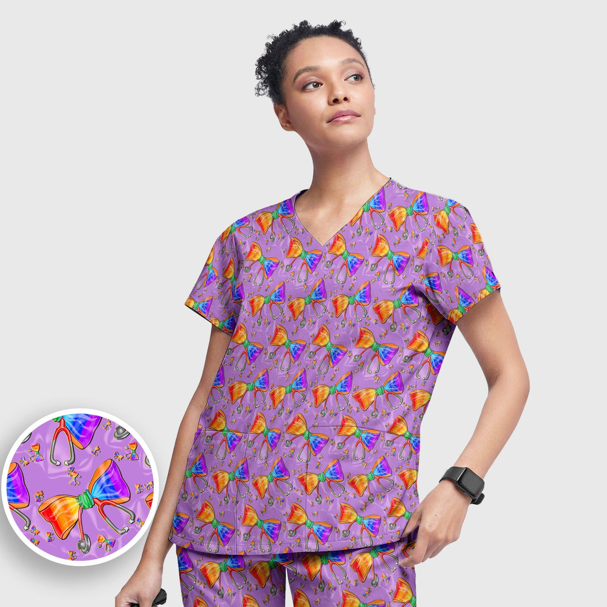 Colorful Rainbow Bow Stethoscope Nurse Scrub Set
