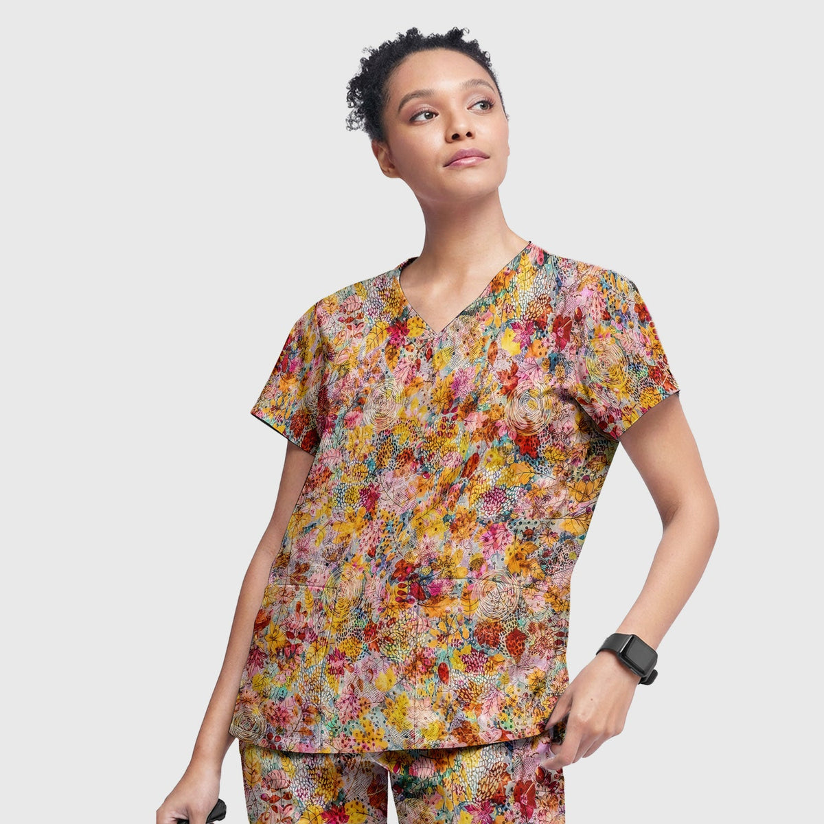 Autumn Floral Leaves Nurse Scrub Set