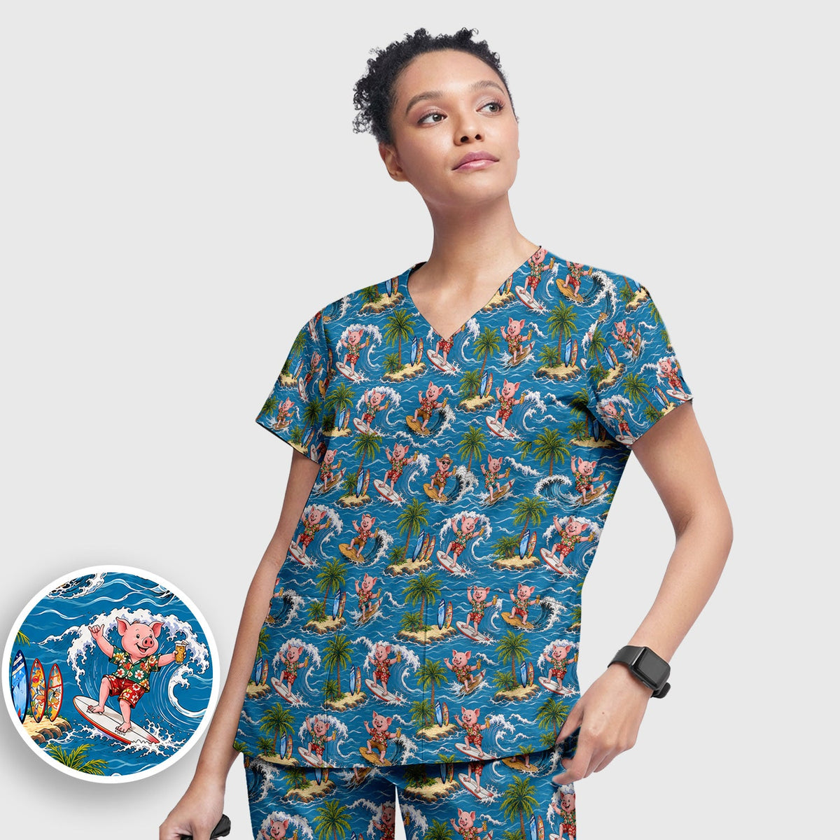 Tropical Surfing Pig Island Nurse Scrub Set