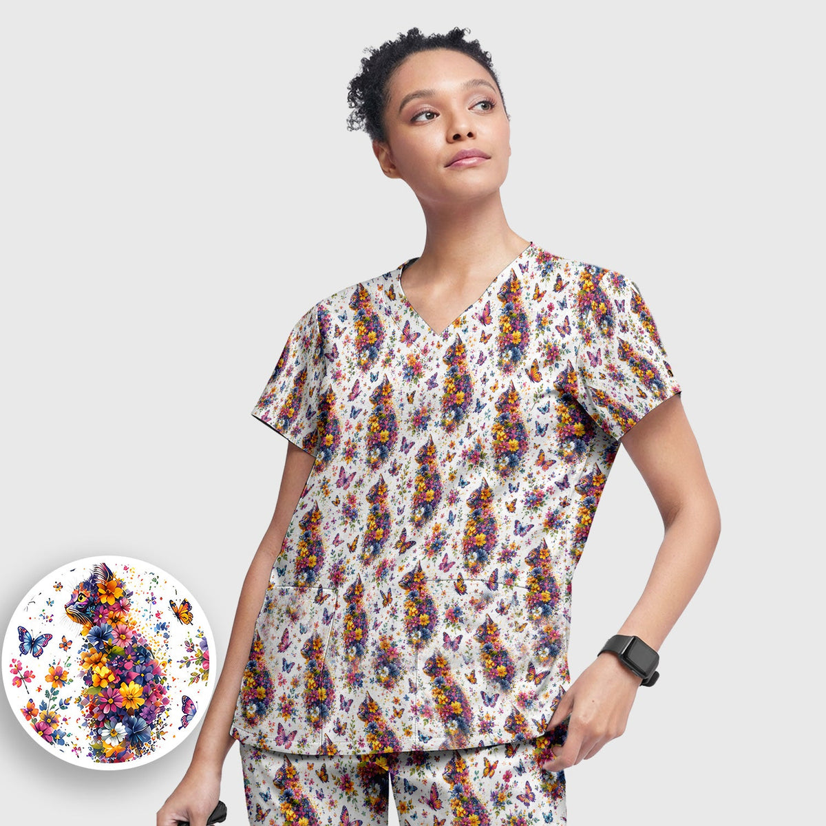 Floral Cat Butterfly Nurse Scrub Set