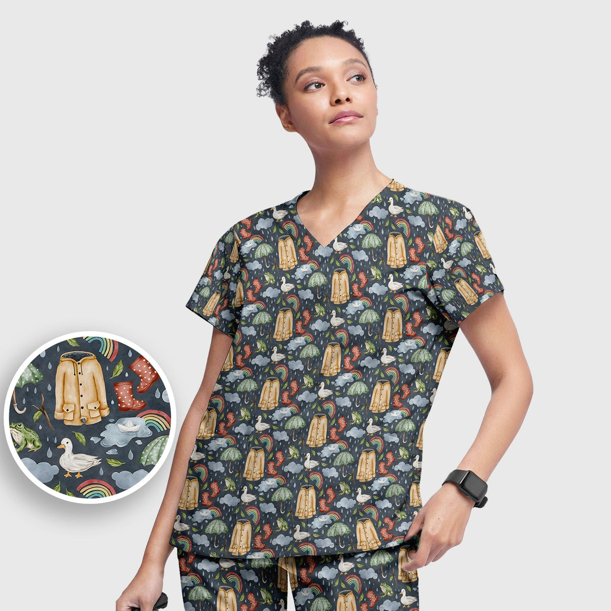 Rainy Day Ducks & Frog Nurse Scrub Set