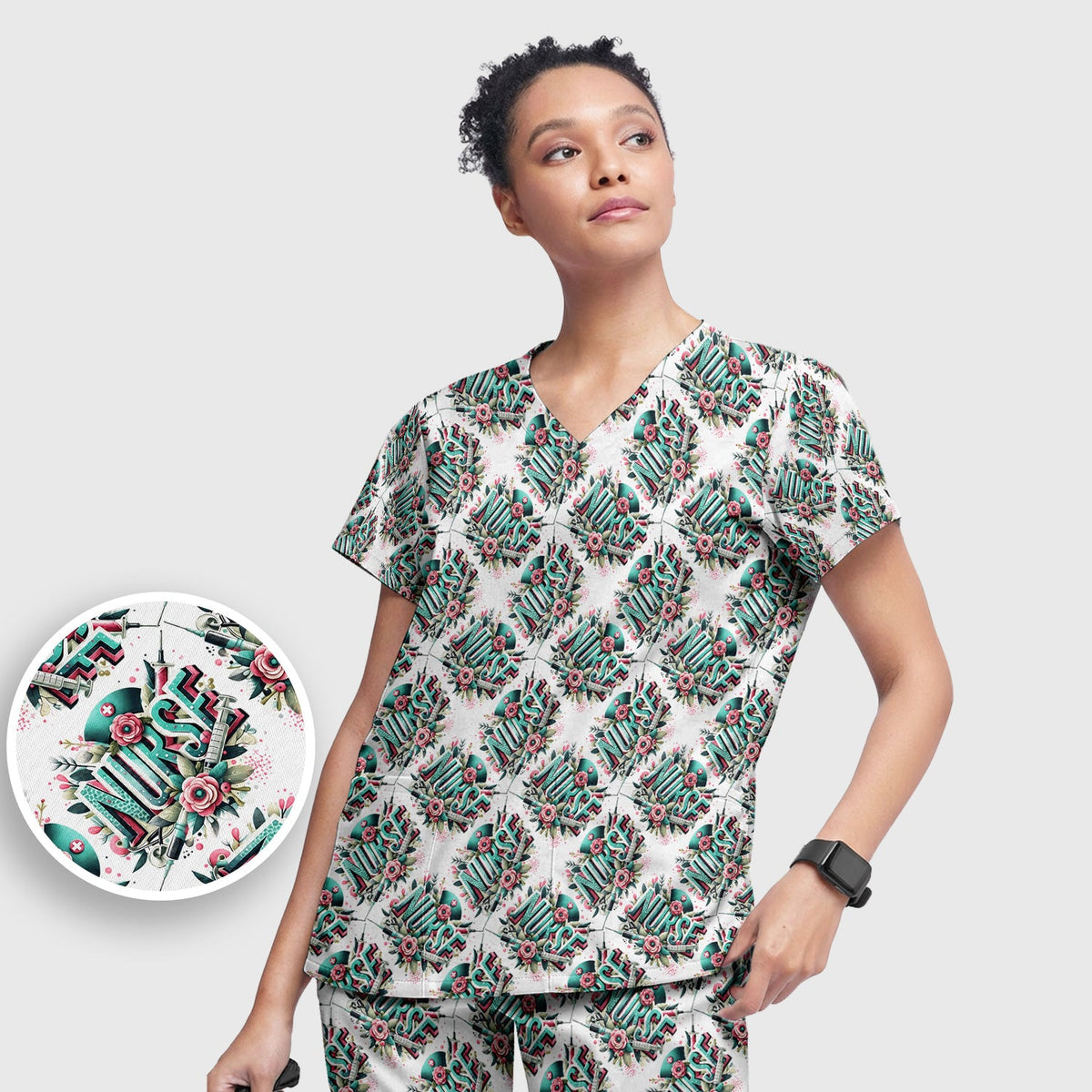 Typography Floral Nurse Scrub Set