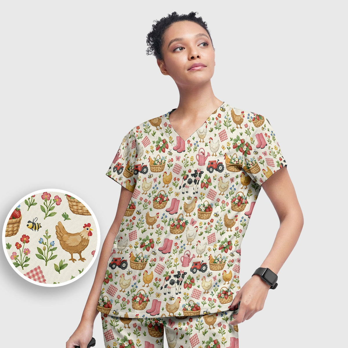 Whimsical Farm Animals Garden Pattern Scrub Top, Comfortable Scrubs for Nurses