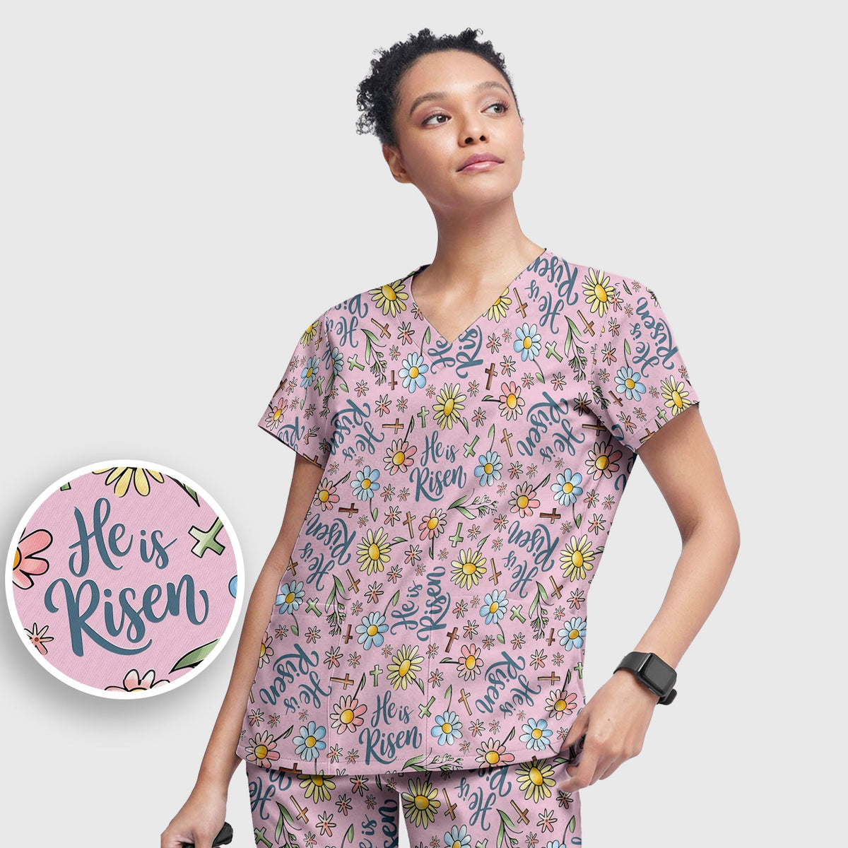 Risen Cross Flower Nurse Scrub Set - Easter Gift