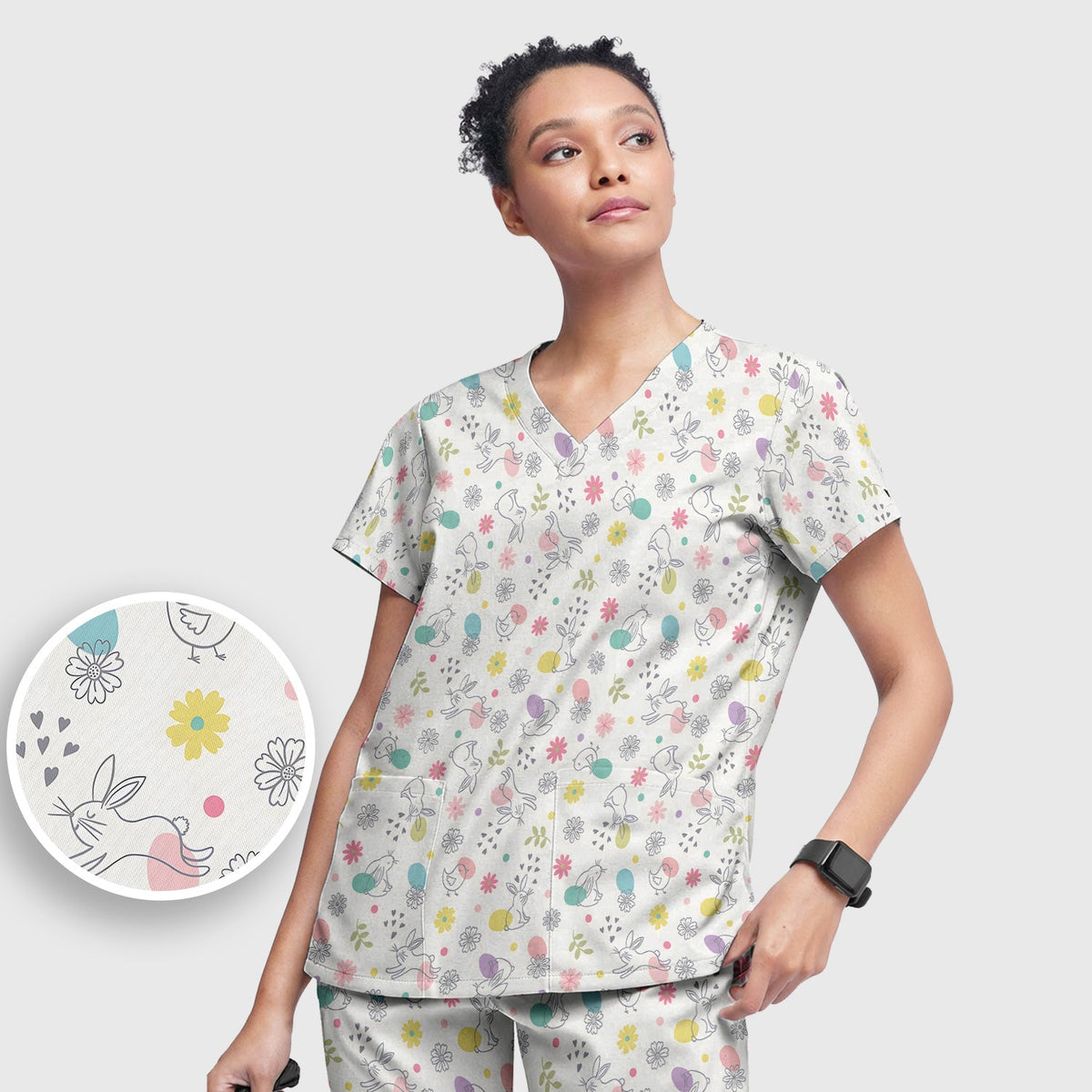 Whimsical Easter Bunny Eggs Nurse Scrub Set