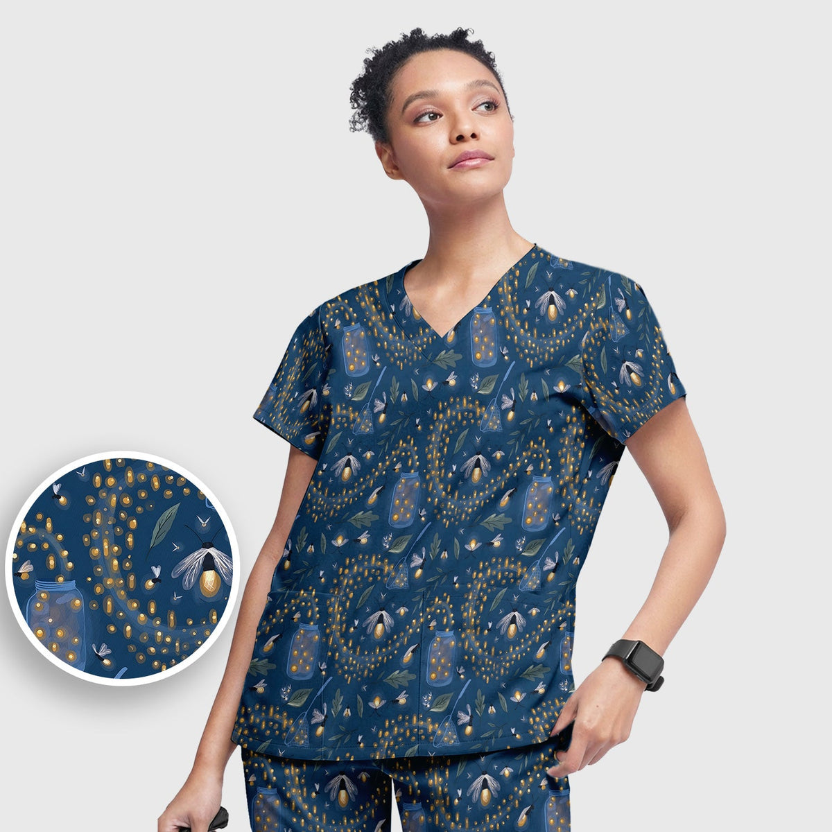 Cute Nurse Firefly Pattern Scrub Set, Scrub Pants and V Neck Top