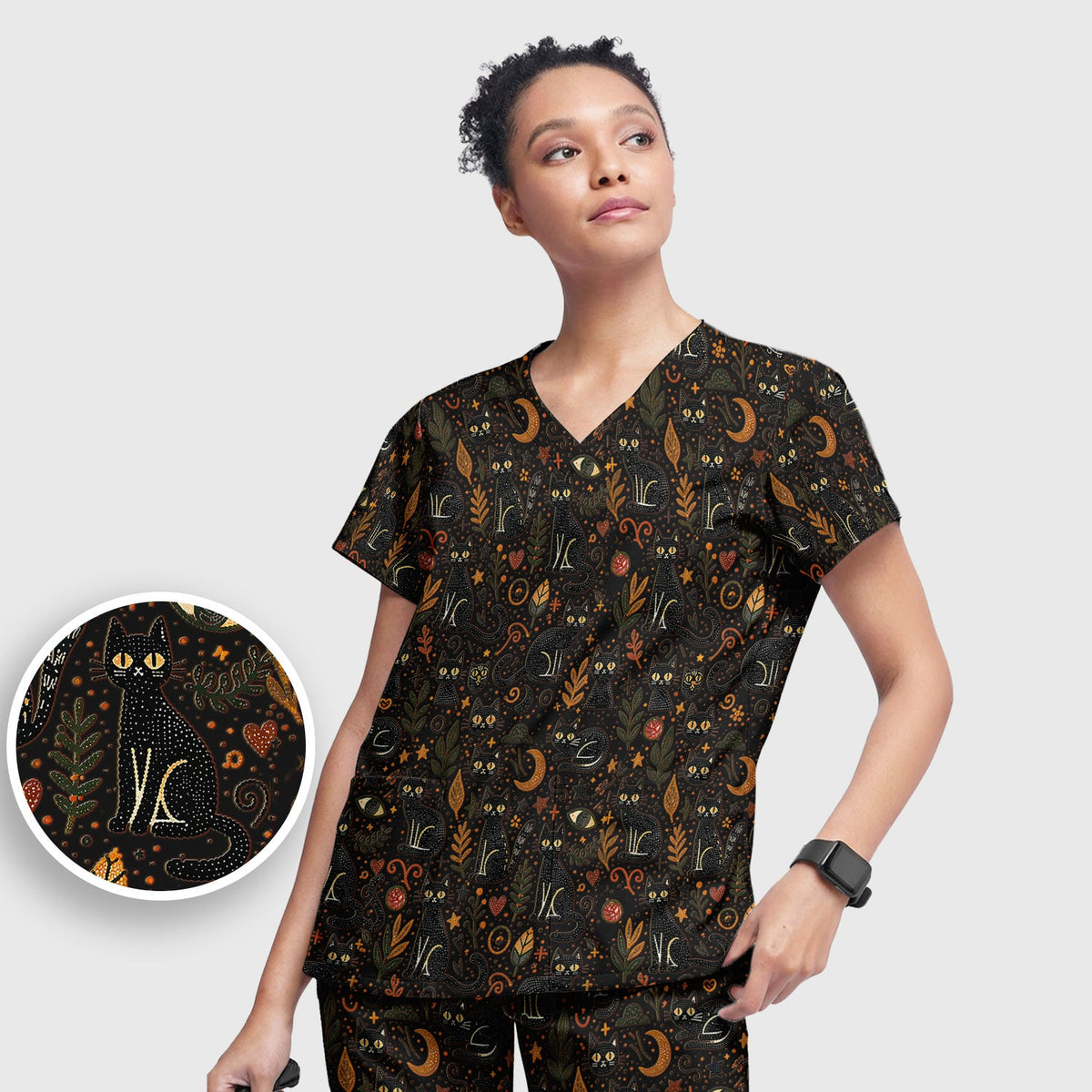 Mystic Black Cat Celestial Nurse Scrub Set