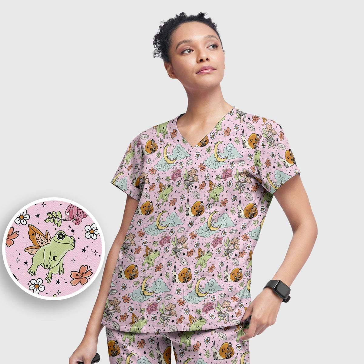 Whimsical Frog Moon Mushroom Nurse Scrub Set