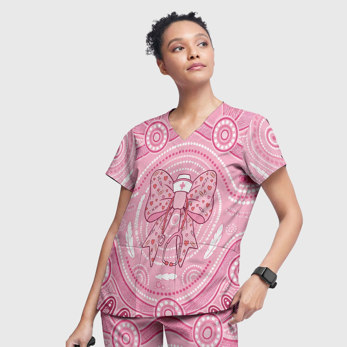 Pink Nurse Bow Stethoscope Scrub Set