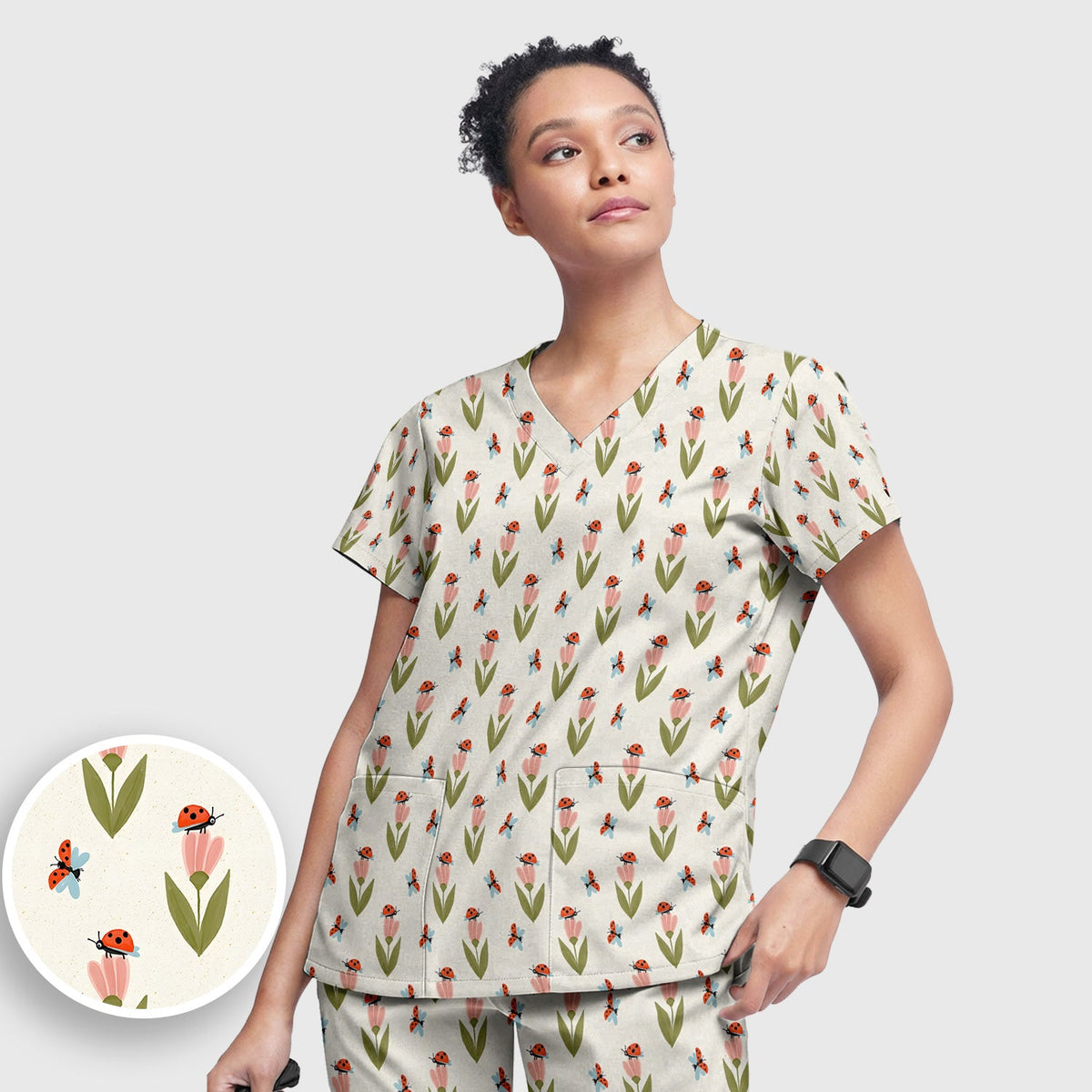 Ladybug Tulip Floral Nurse Scrub Set
