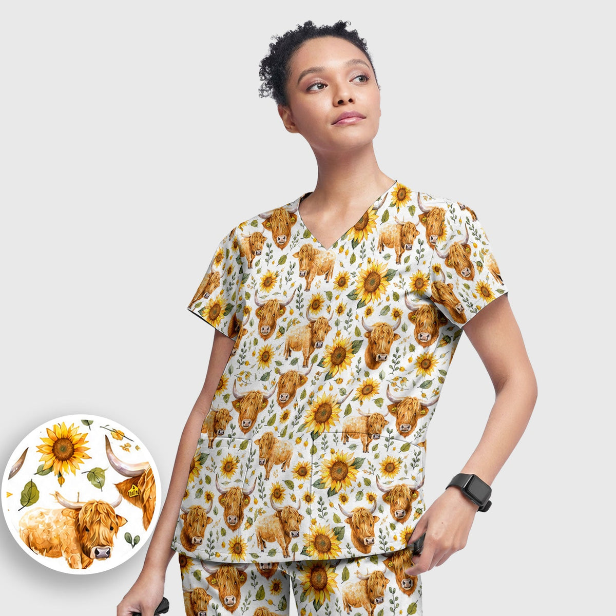 Highland Cow Sunflower Pattern Nurse Scrub Set