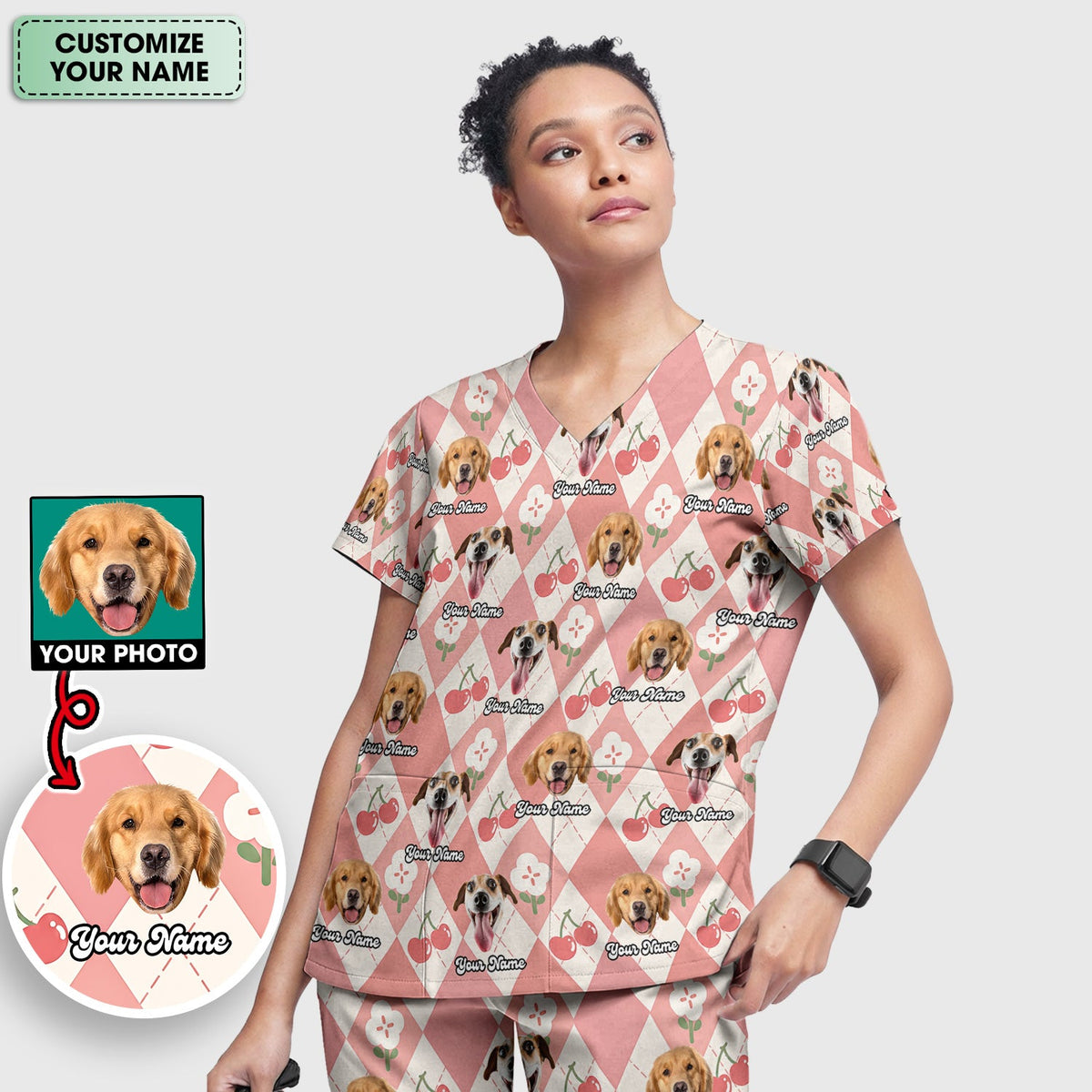 Dog Face Cherry Argyle Nurse Scrub Set