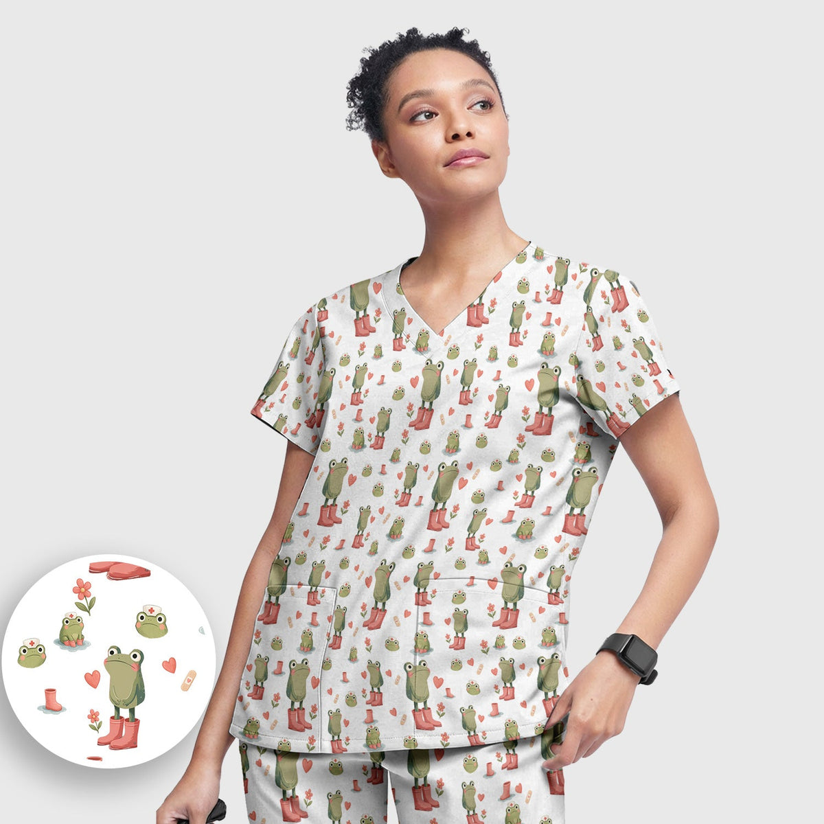 Adorable Frog Boots Heart Nurse Scrub Set