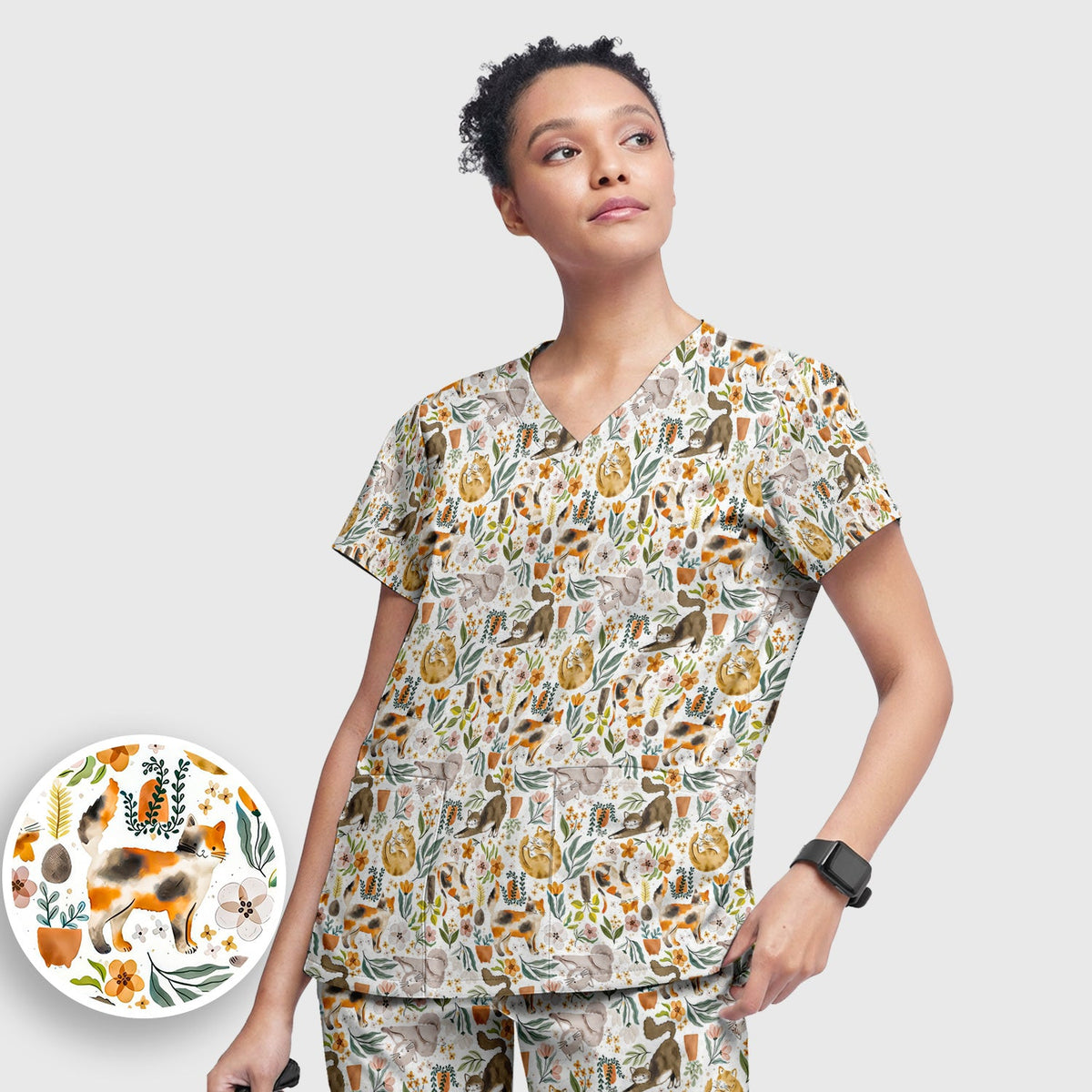 Cat Wildflower Garden Nurse Scrub Set