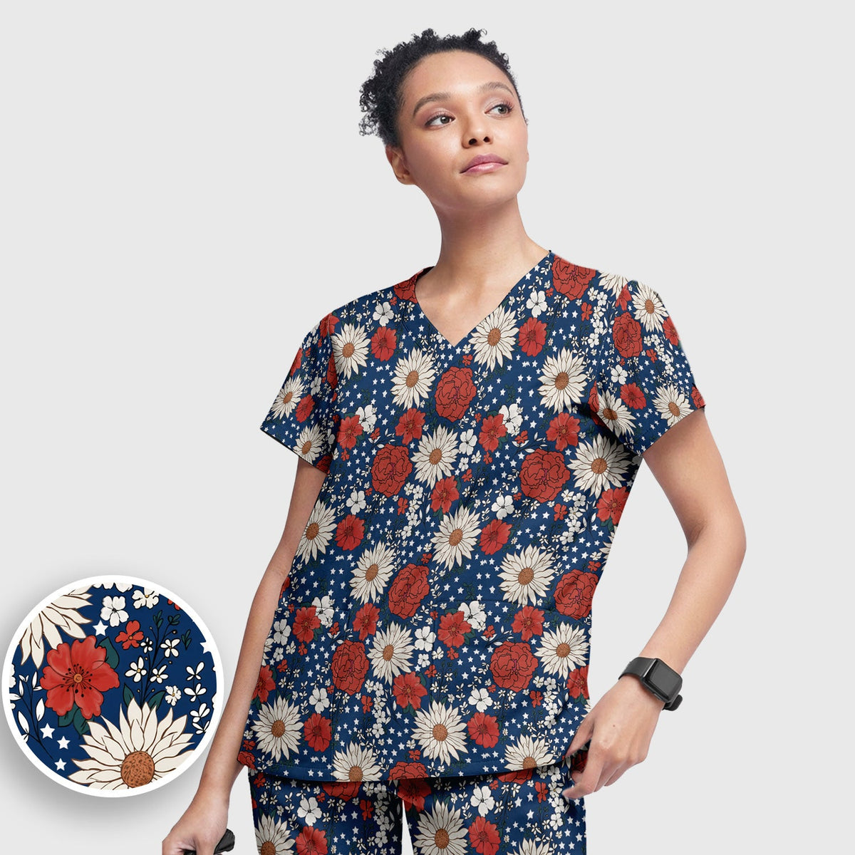 Red White Blue Floral Nurse Scrub Set