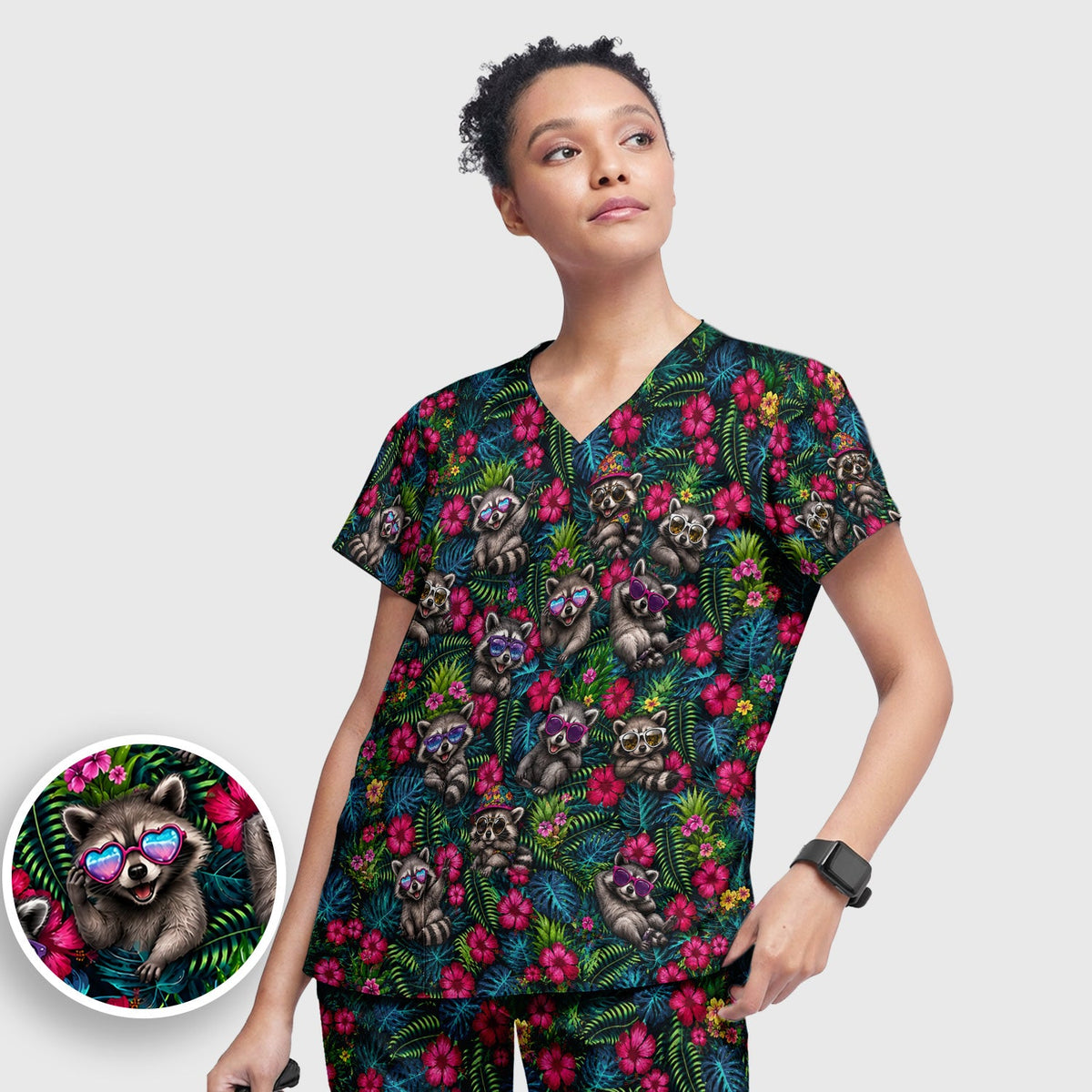 Tropical Raccoon Nurse Floral Scrub Set
