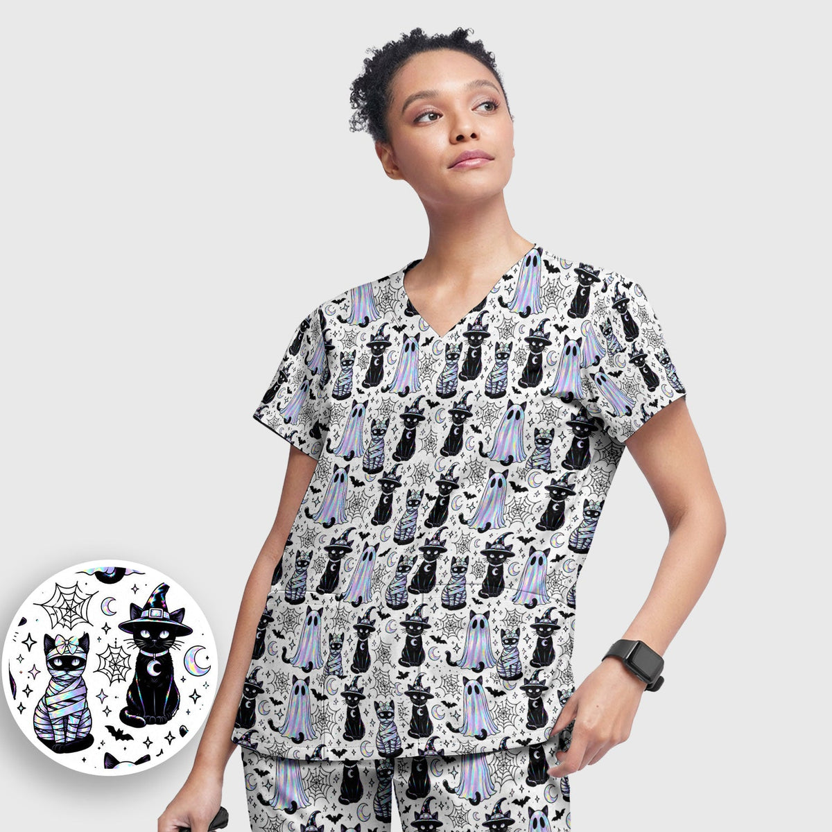 Ghost Witch Cat Nurse Scrub Set - Halloween Gift