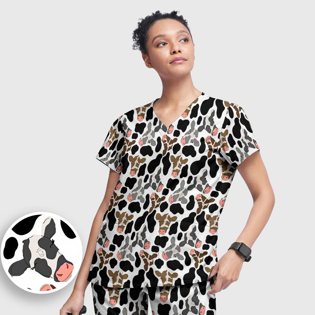 Cow Face Black White Nurse Scrub Set