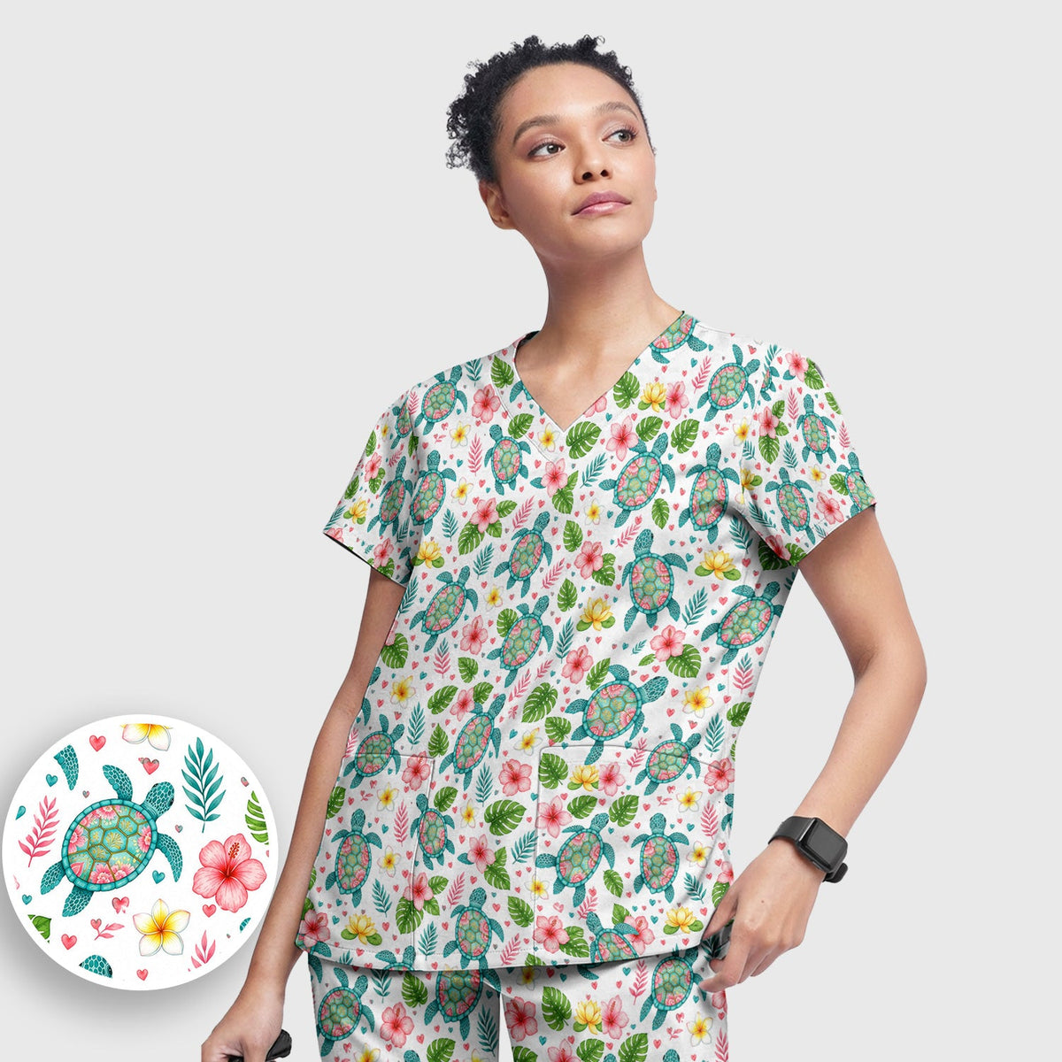 Tropical Sea Turtle Floral Nurse Scrub Set