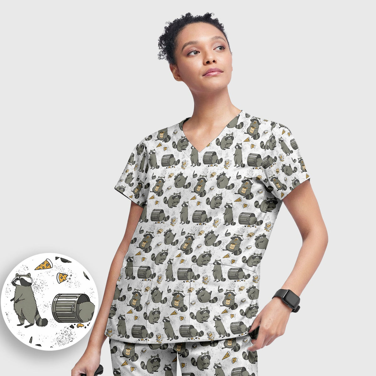 Raccoon Snack Trash Can Nurse Scrub Set