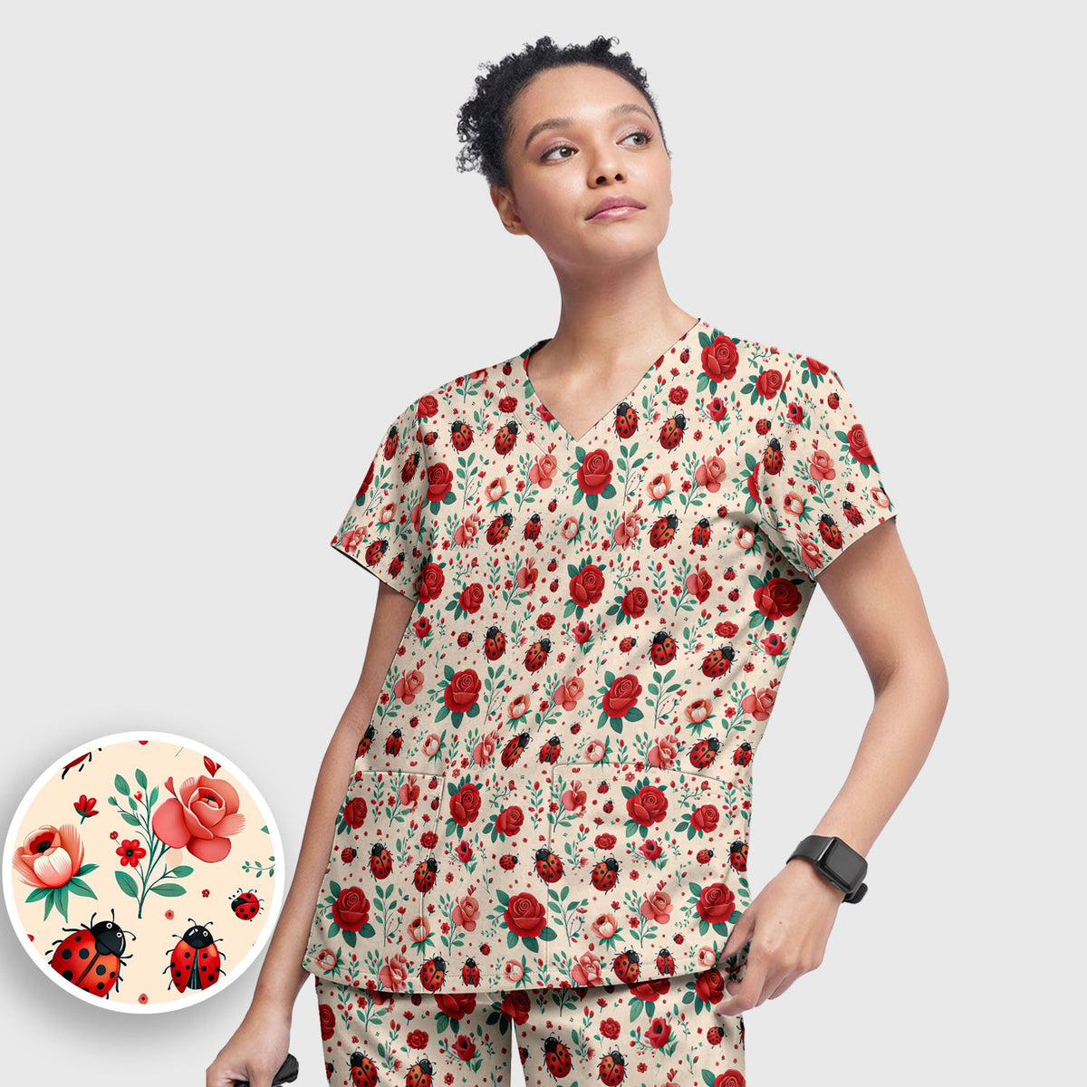 Ladybug Red Rose Floral Nurse Scrub Set