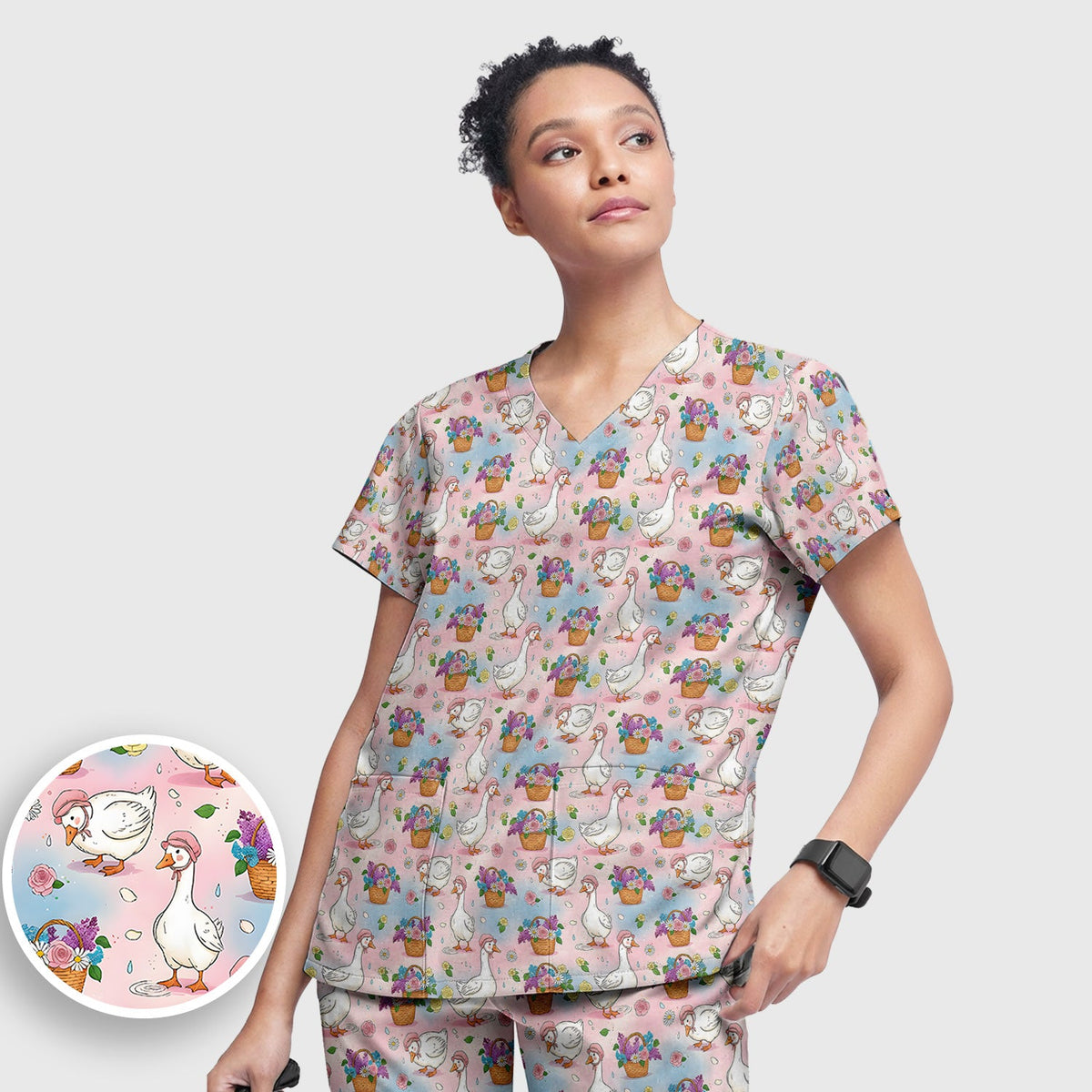 Spring Goose Flower Basket Nurse Scrub Set