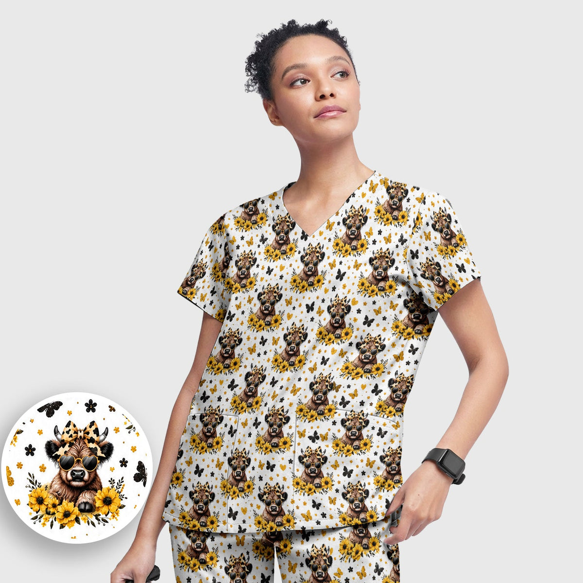 Sassy Highland Cow Sunflower Nurse Scrub Set