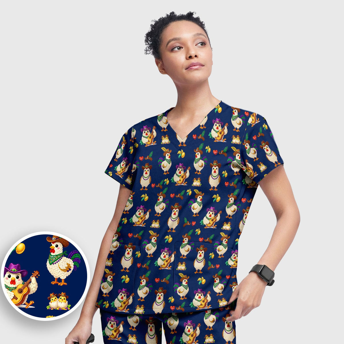 Mardi Gras Rooster Cowboy Nurse Scrub Set
