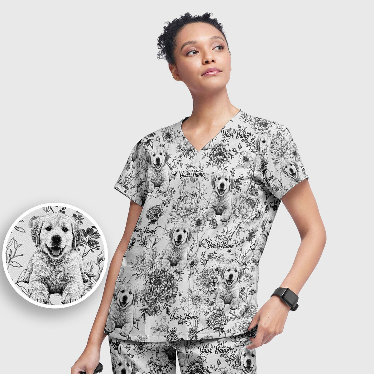 Personalized Pet Photo Floral Nurse Scrub Set