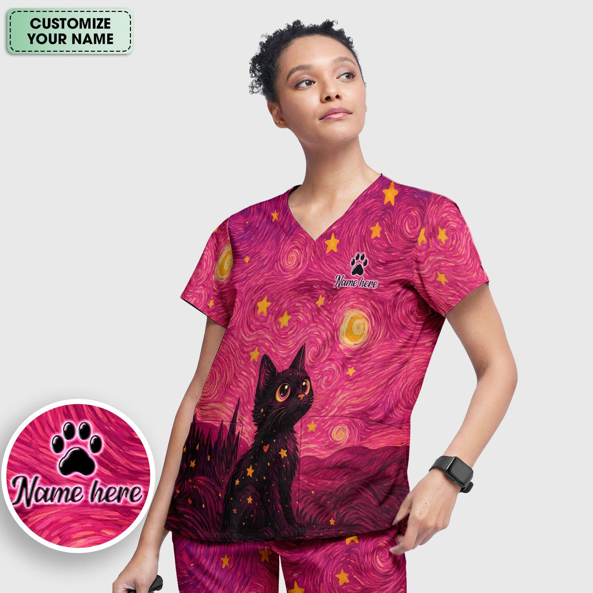 Personalized Black Cat Galaxy Star Swirl Nurse Scrub Set