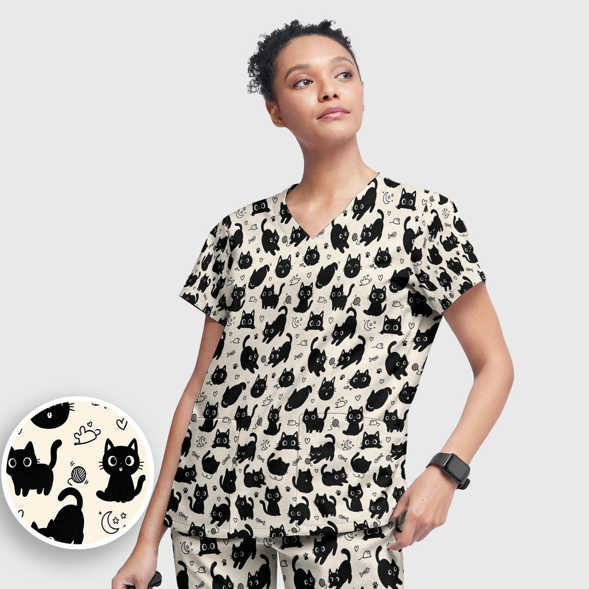 Playful Black Cat Nurse Scrub Set