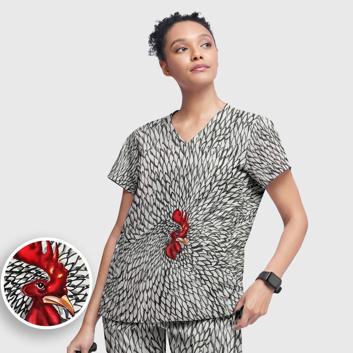 Watercolor Rooster Feather Nurse Scrub Set