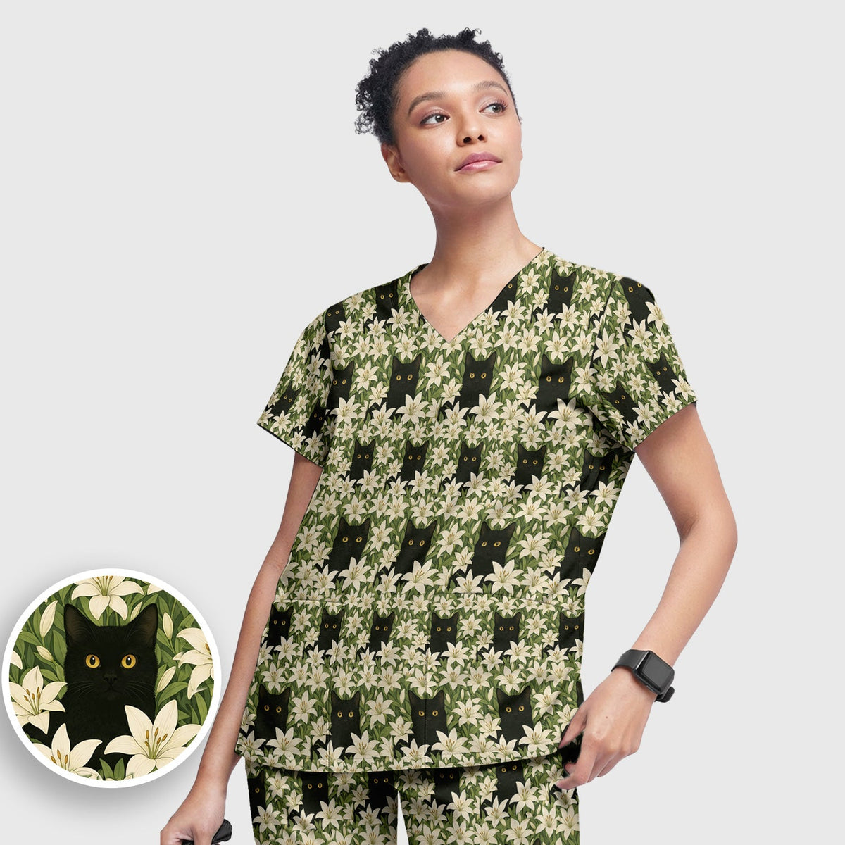 Black Cat Hidden In Lily Garden Nurse Scrub Set