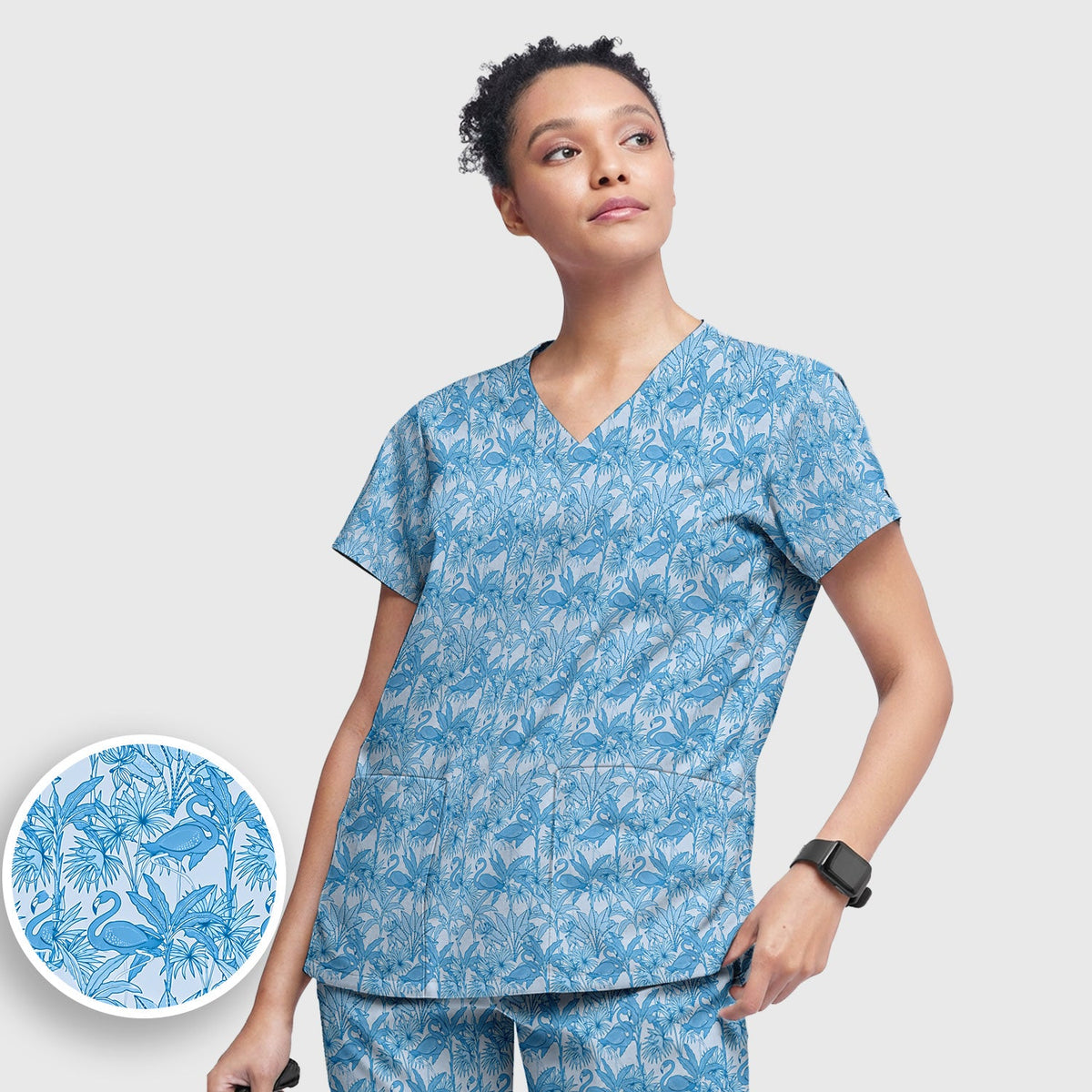 Tropical Flamingo Palm Leaves Nurse Scrub Set