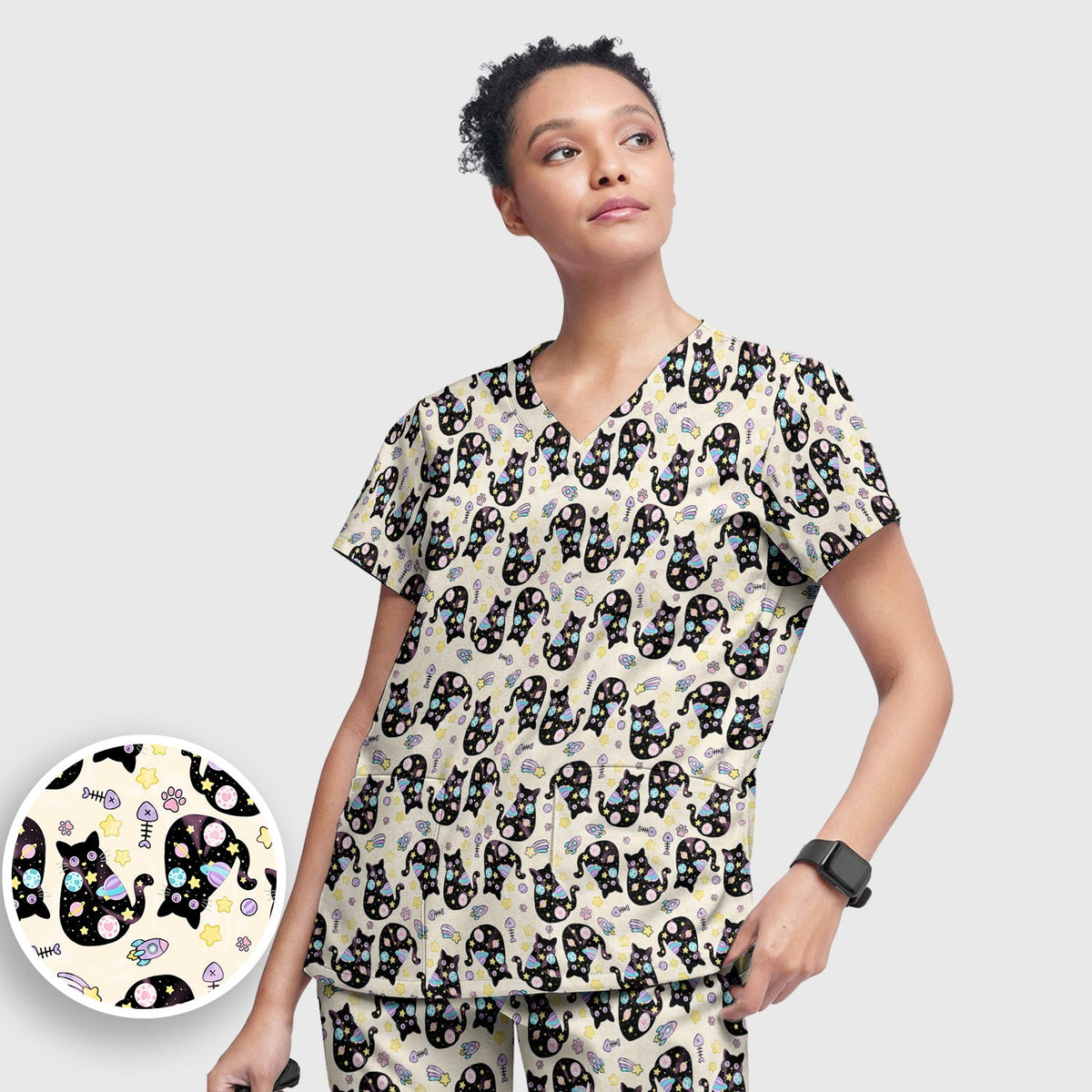 Black Cat Galaxy Space Nurse Scrub Top