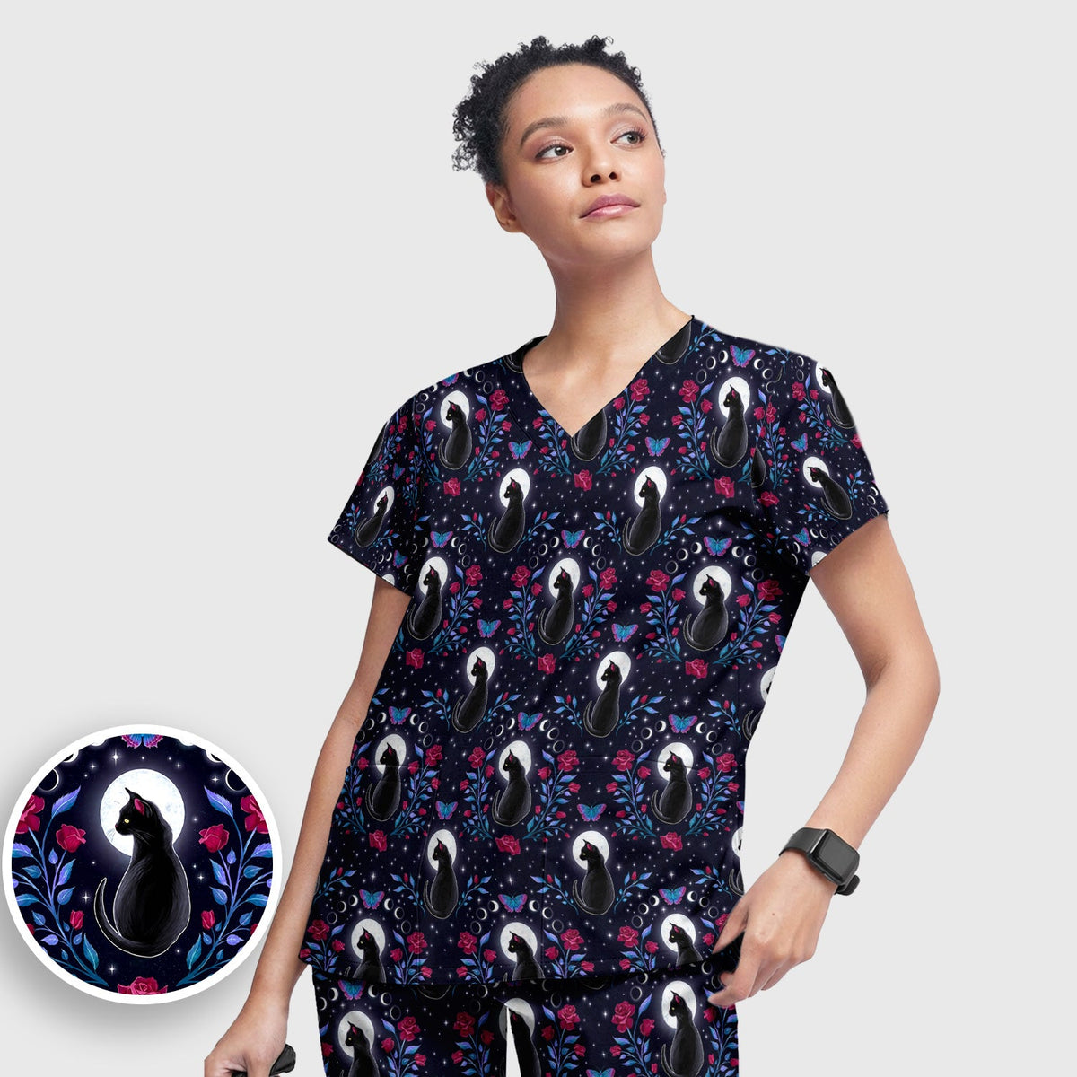 Black Cat Moon Rose Nurse Scrub Set