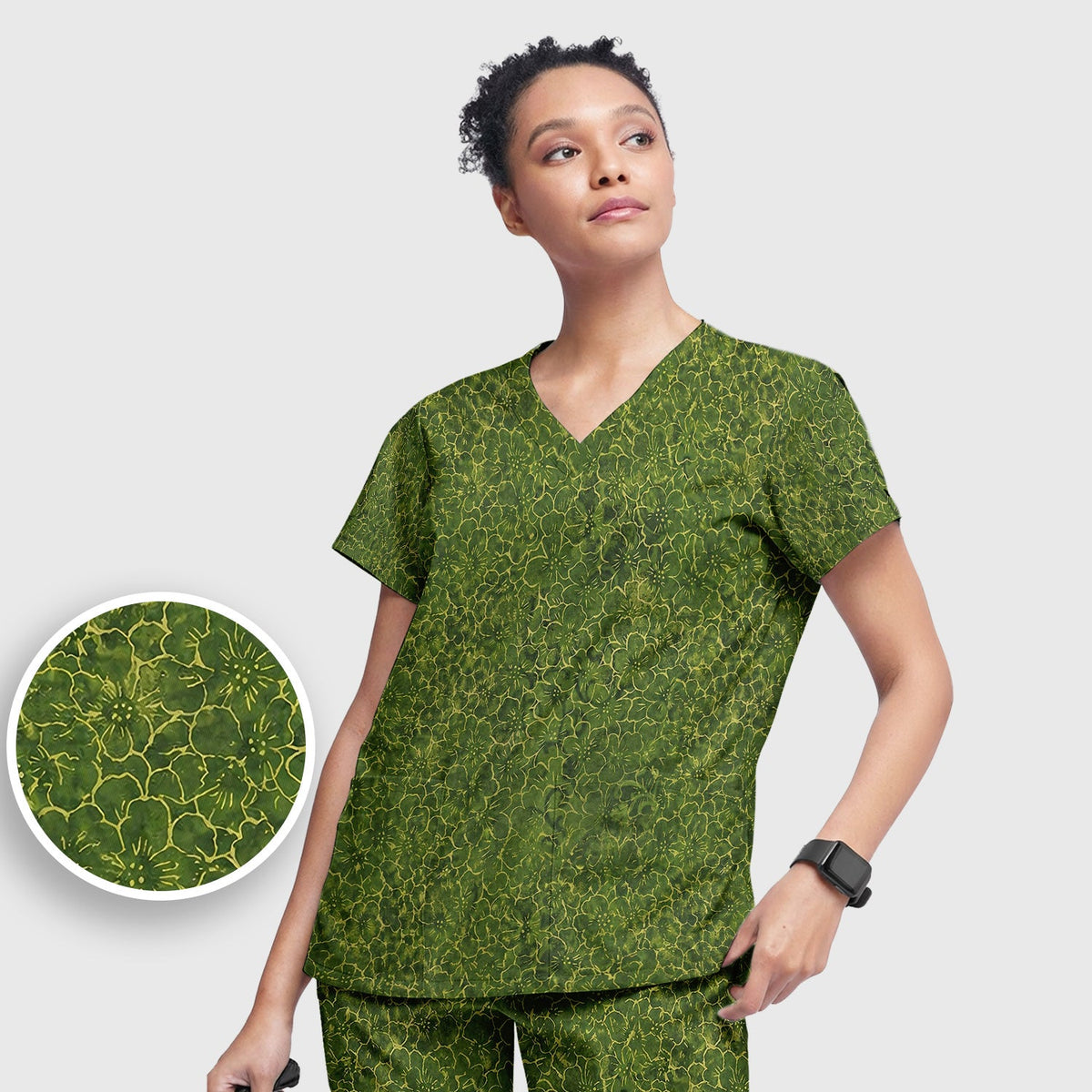 Green Floral Blossom Nurse Scrub Set