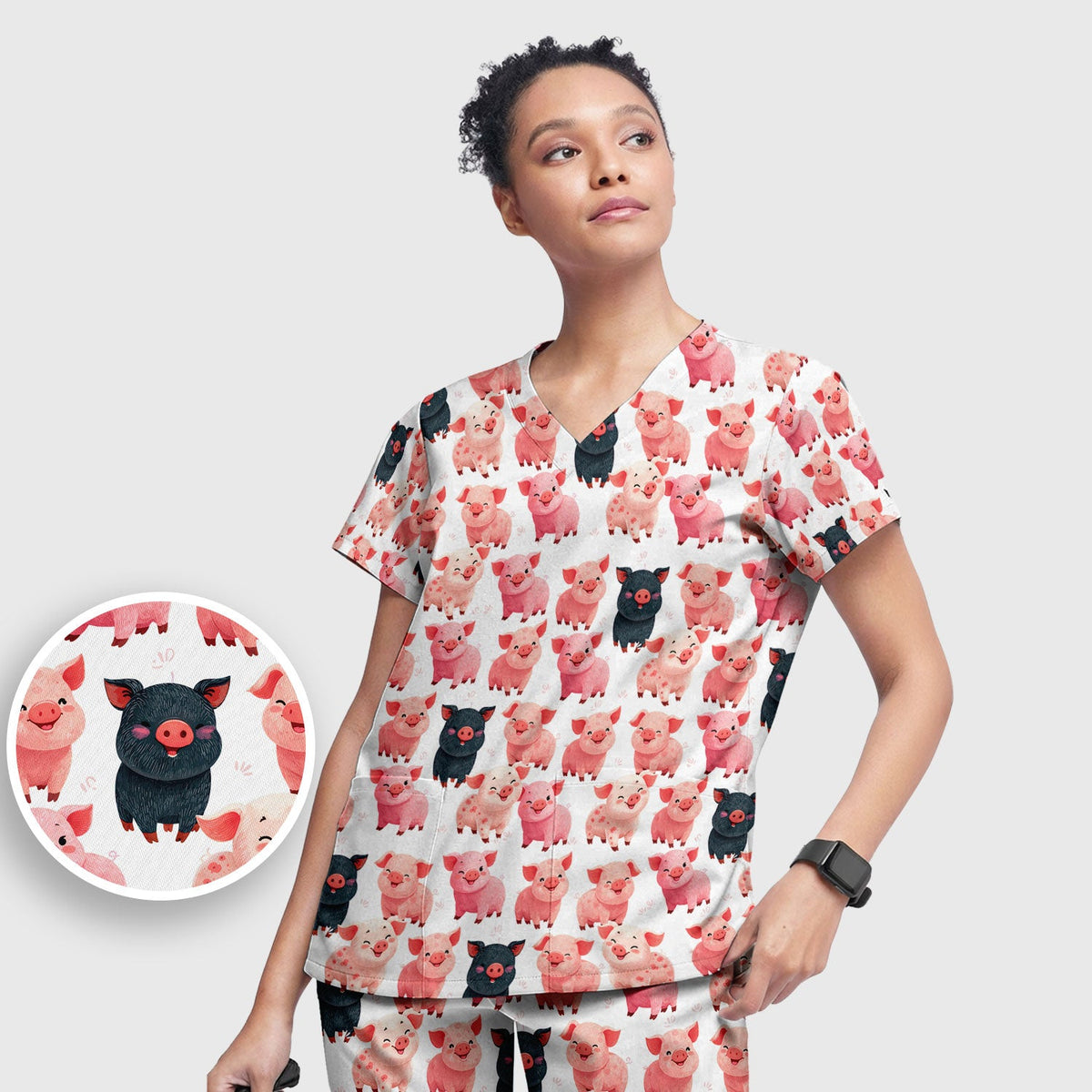 Funny Farm Pig Cartoon Pattern Scrub Set, Nurse Uniform Scrubs Set