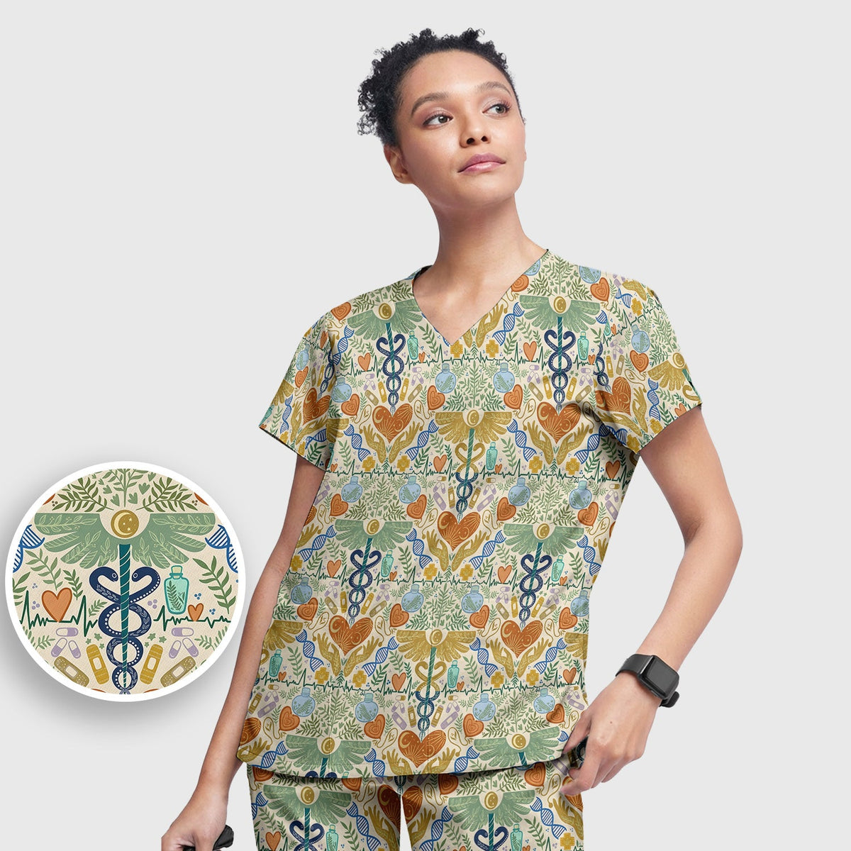 Botanical Caduceus Heart Nurse Scrub Set