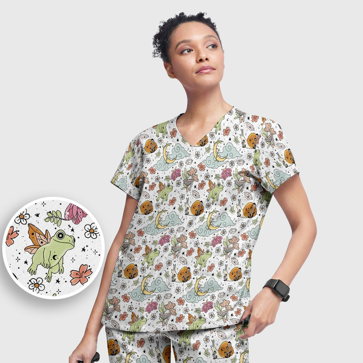 Whimsical Frog Moon Mushroom Nurse Scrub Set
