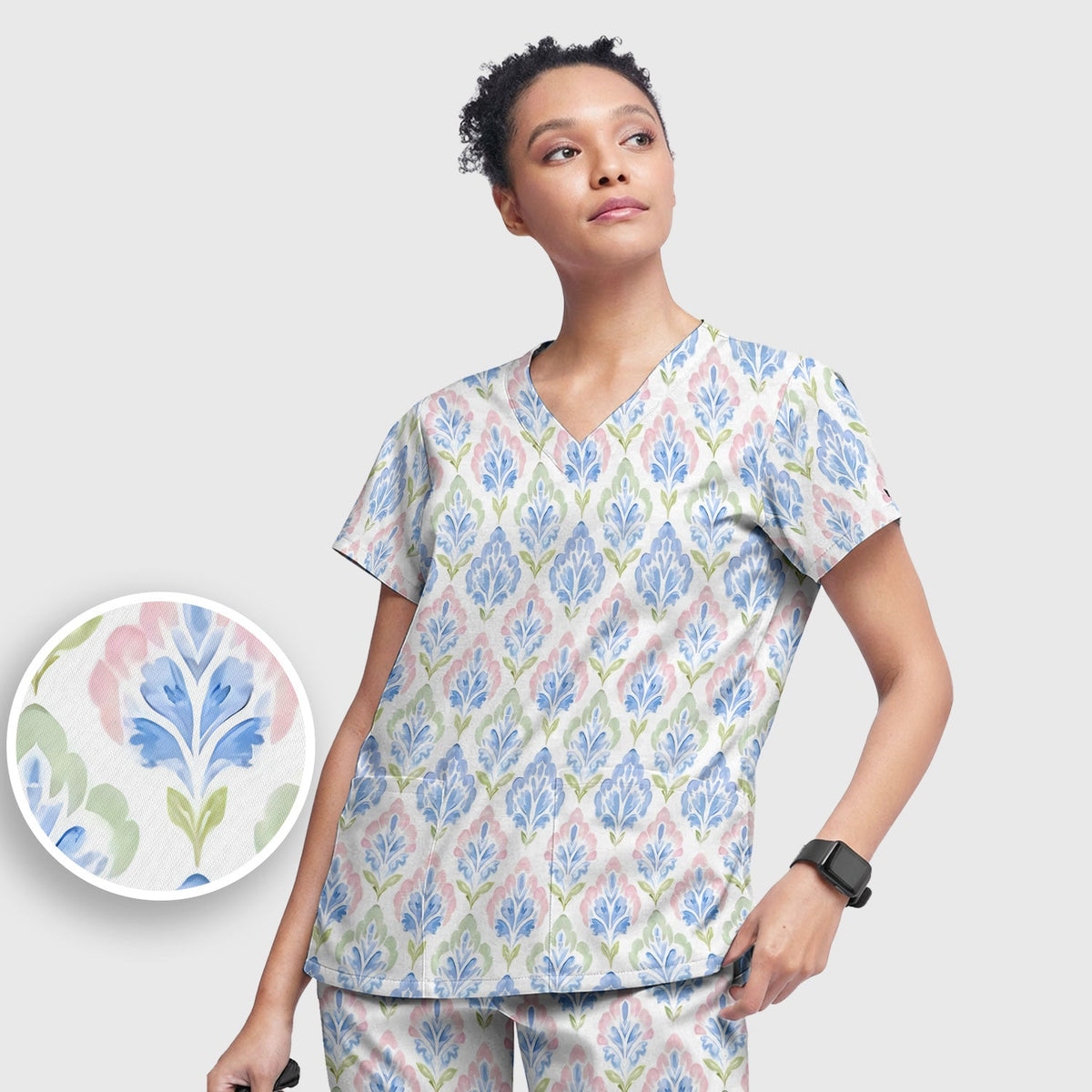 Blue Floral Damask Nurse Scrub Set