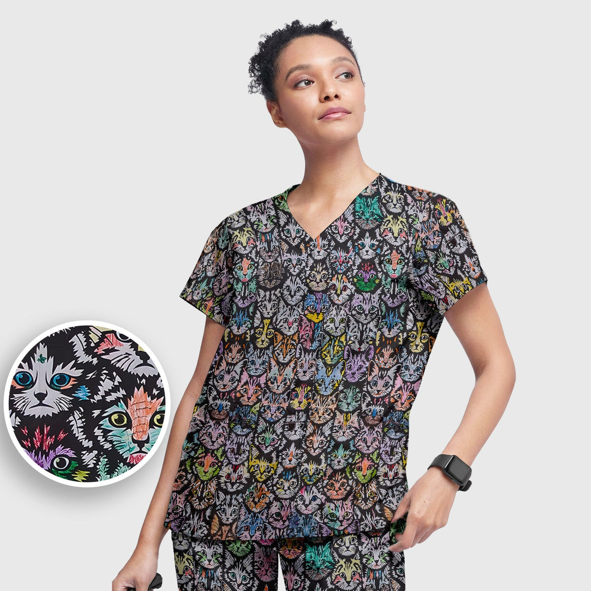 Colorful Cat Faces Nurse Scrub Set