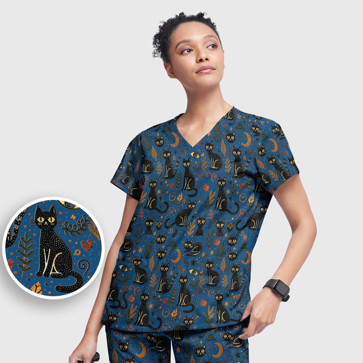 Mystic Black Cat Celestial Nurse Scrub Set