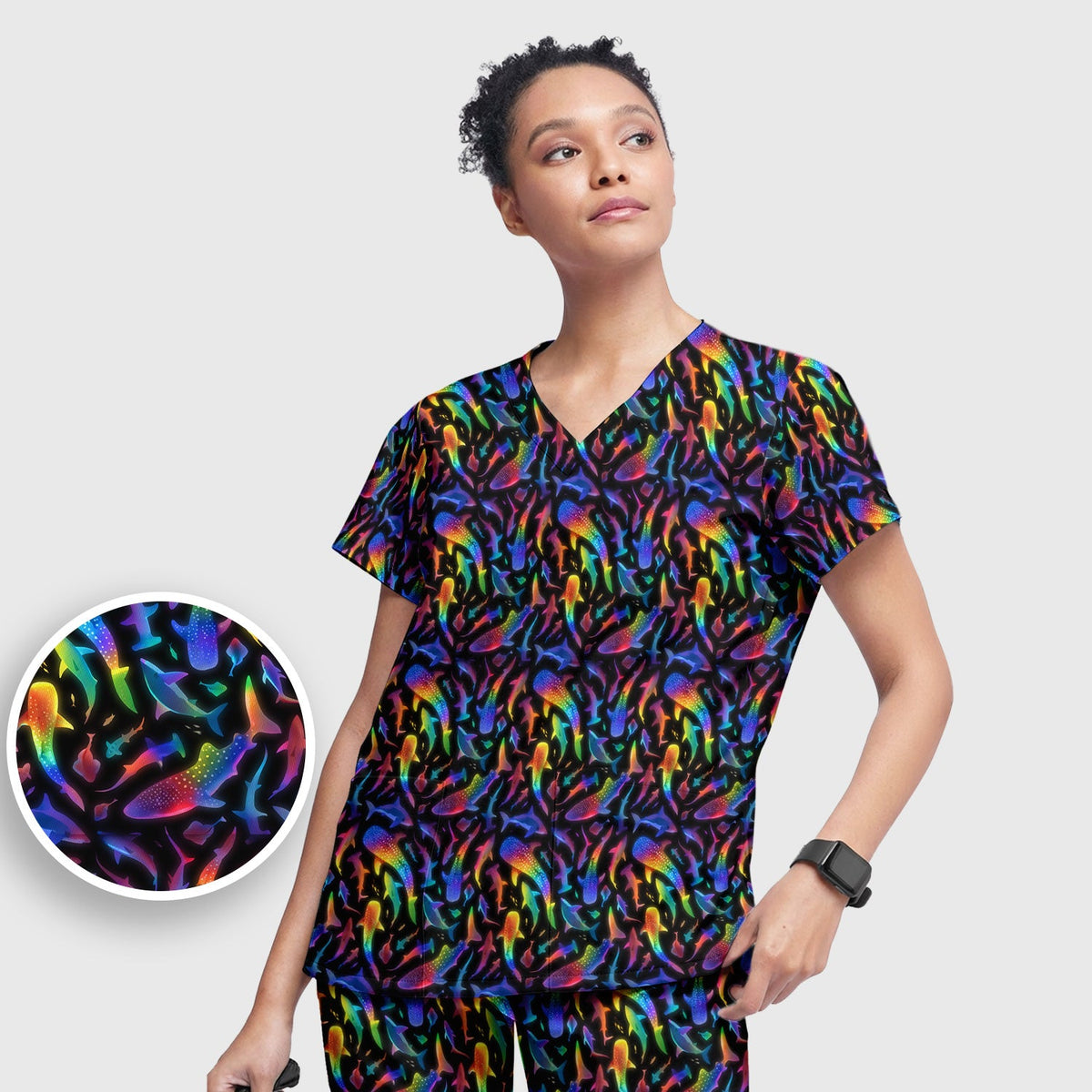 Vibrant Rainbow Shark Nurse Scrub Set