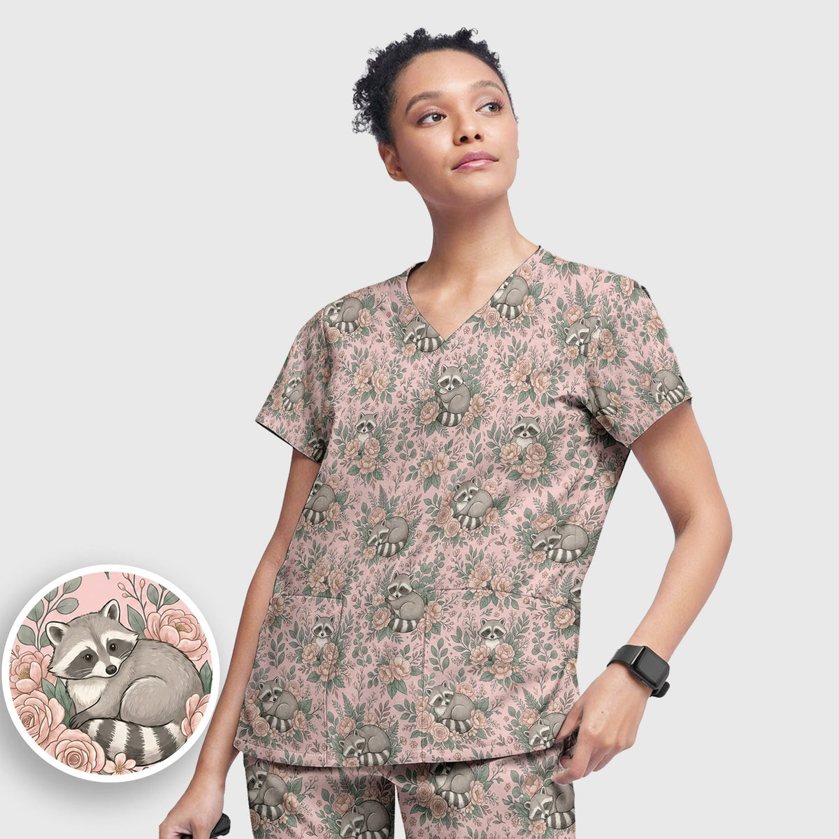 Sleeping Raccoon Rose Garden Nurse Scrub Set
