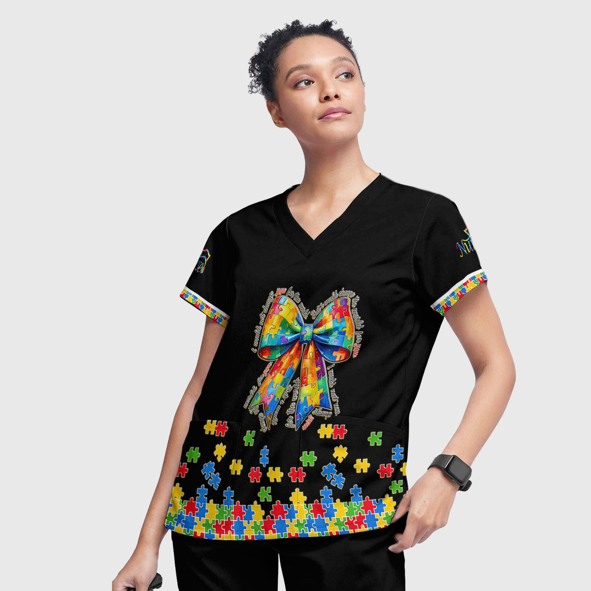 Autism Puzzle Bow Colorful Pieces Nurse Scrub Set