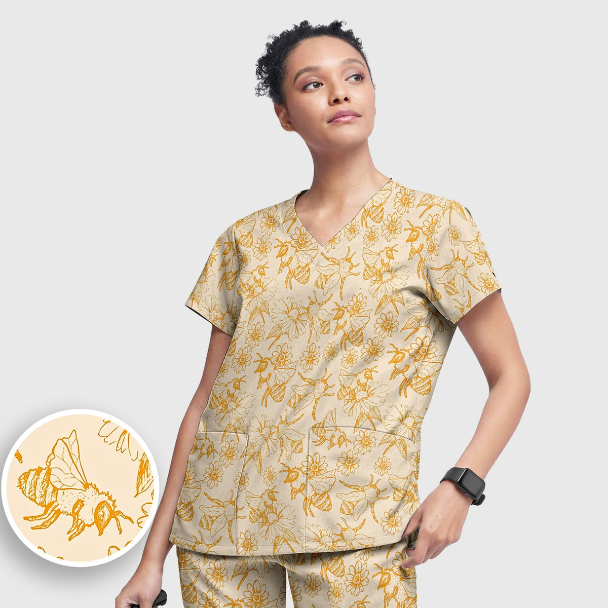 Honey Bee Flower Sketch Nurse Scrub Set