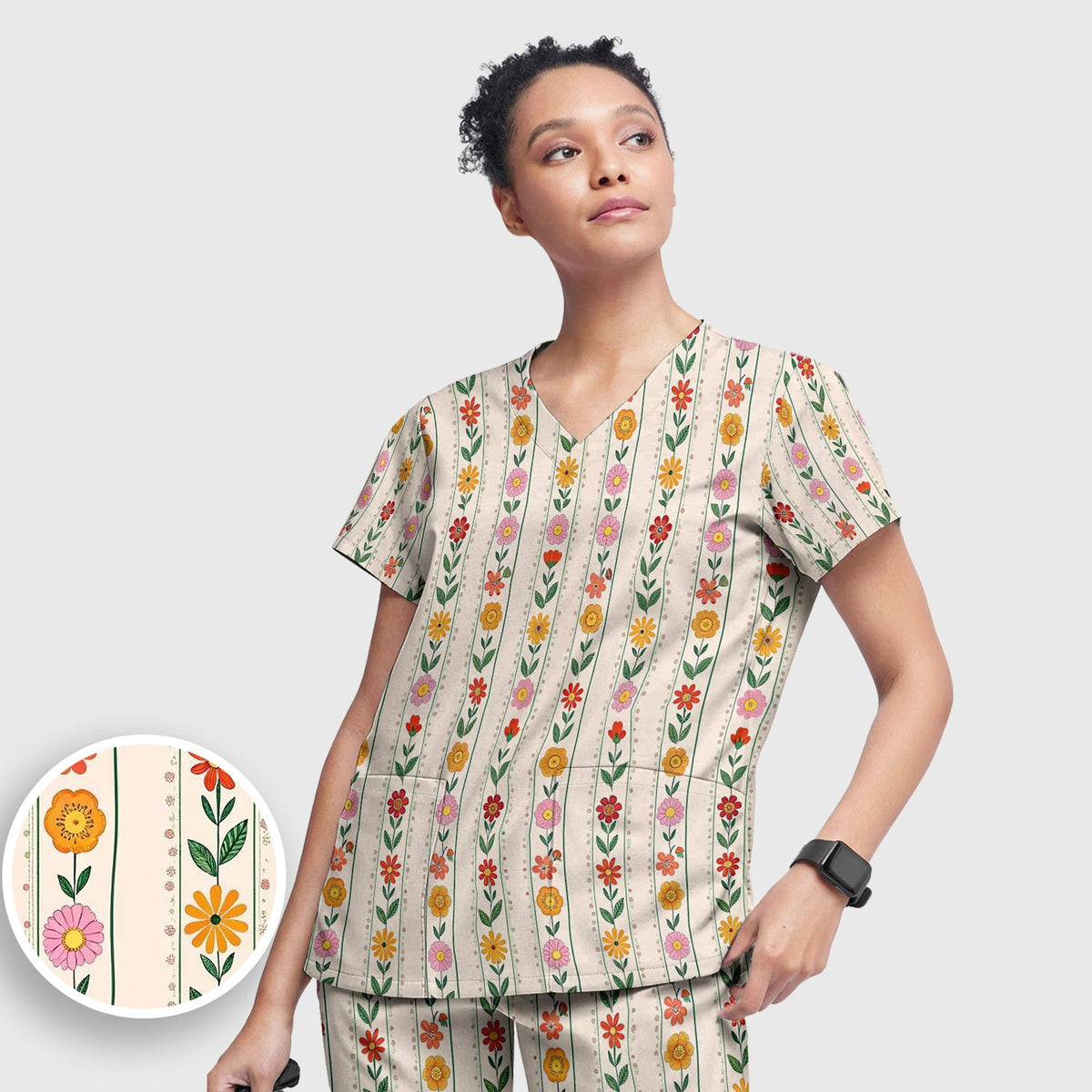 Retro Floral Stripe Print Nurse Scrub Set