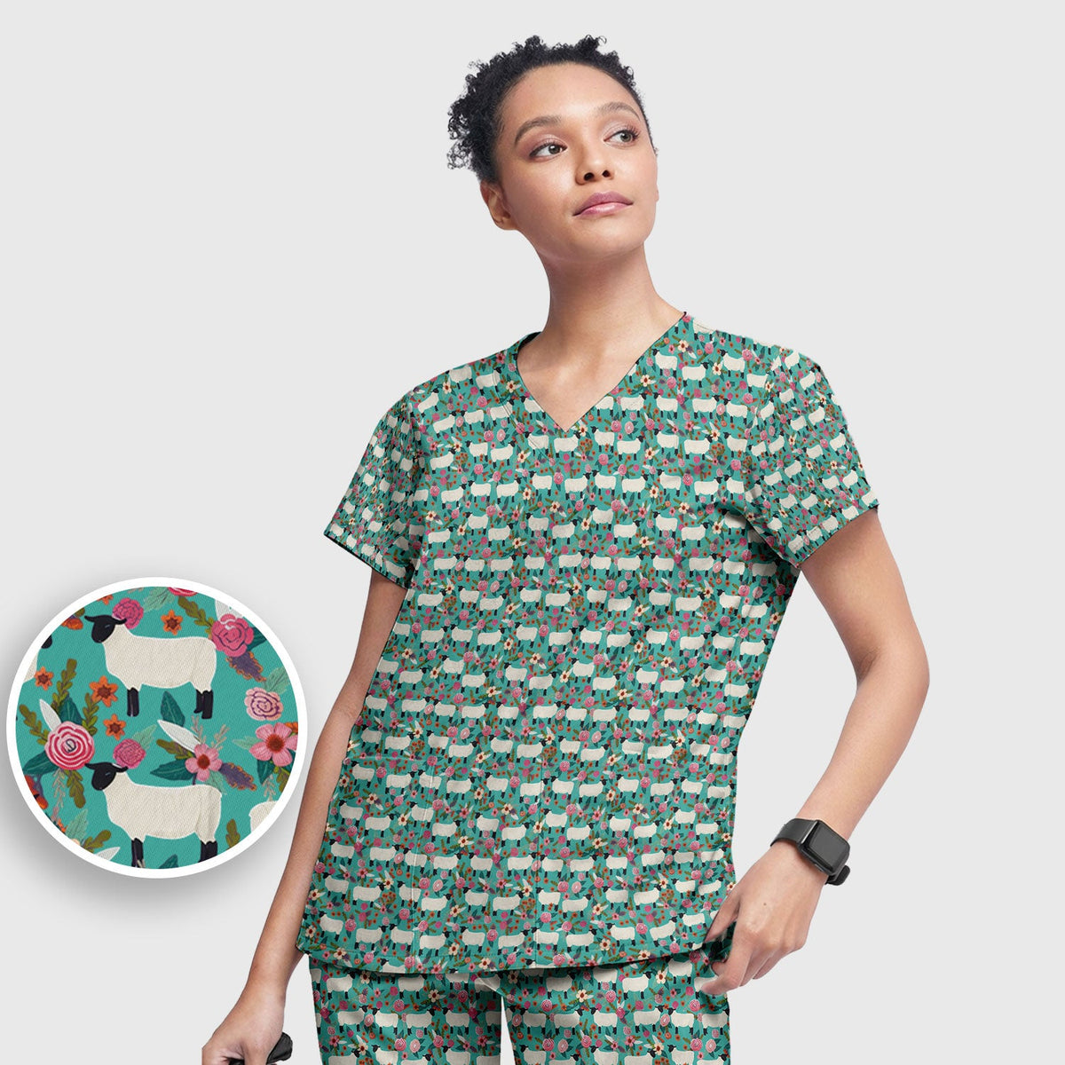 Sheep Floral Meadow Nurse Scrub Set